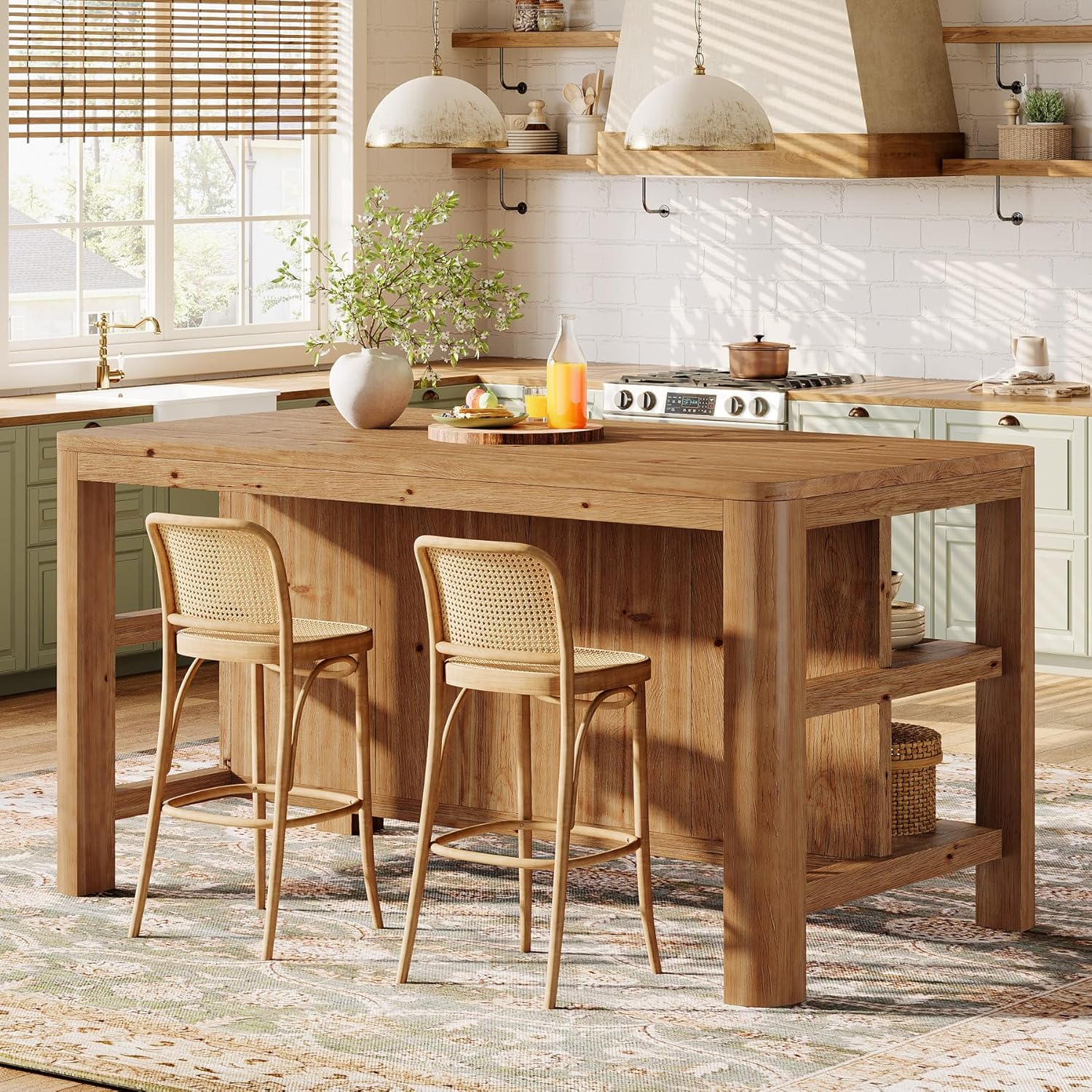 63-Inch Solid Wood Kitchen Island with Storage Shelves, Farmhouse Island Table with Seating, Counter Height Bar Table for Dining Room, Kitchen, Easy to Assemble