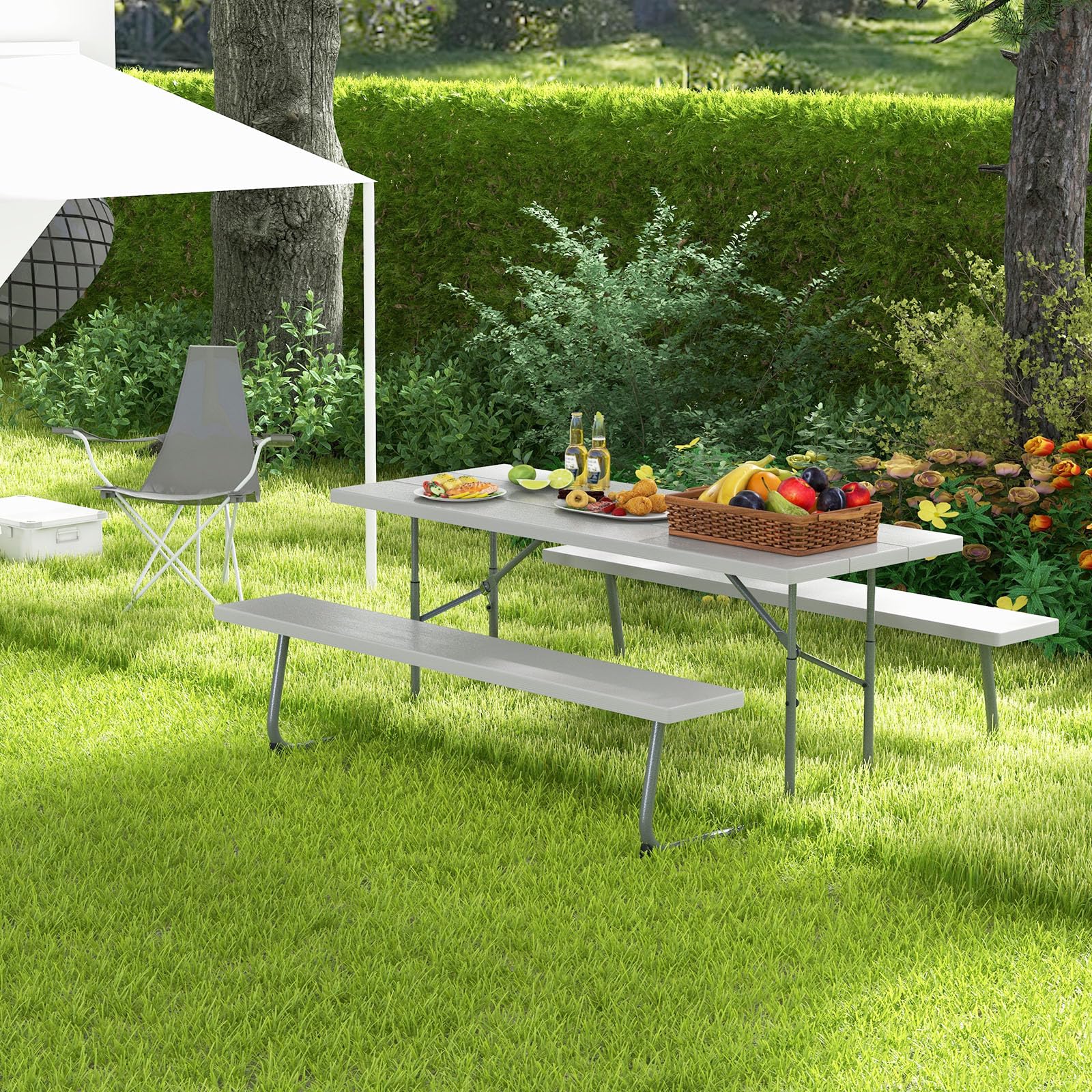 GIANTEX Set tavolo da picnic con panchine, set di mobili da giardino pieghevole per 8 persone con telaio in metallo piano in HDPE, 183 cm foro per ombrellone, grigio