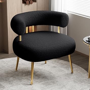 Mid-Century Sherpa Boucl  Accent Chair, Round Upholstered Barrel Arm Chair for Small Spaces, Living Room, Bedroom, Vanity, Office, Reading Nook Black