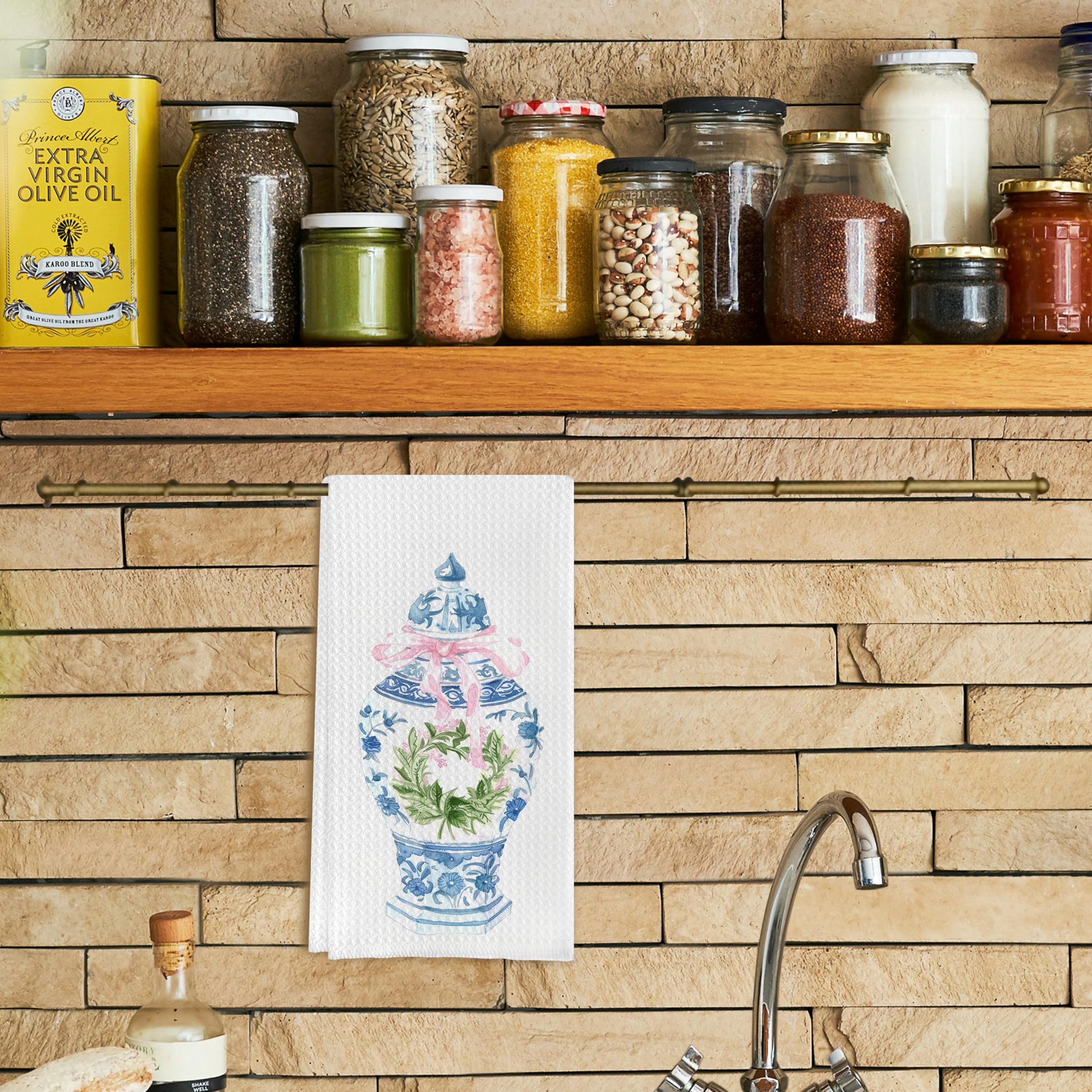 Toallas de cocina chinoiserie de porcelana azul y blanca, decoración de chinoiserie, paños de cocina con lazo de coqueta rosa para cocina, toallas de mano azules y blancas para baño, cocina, 16