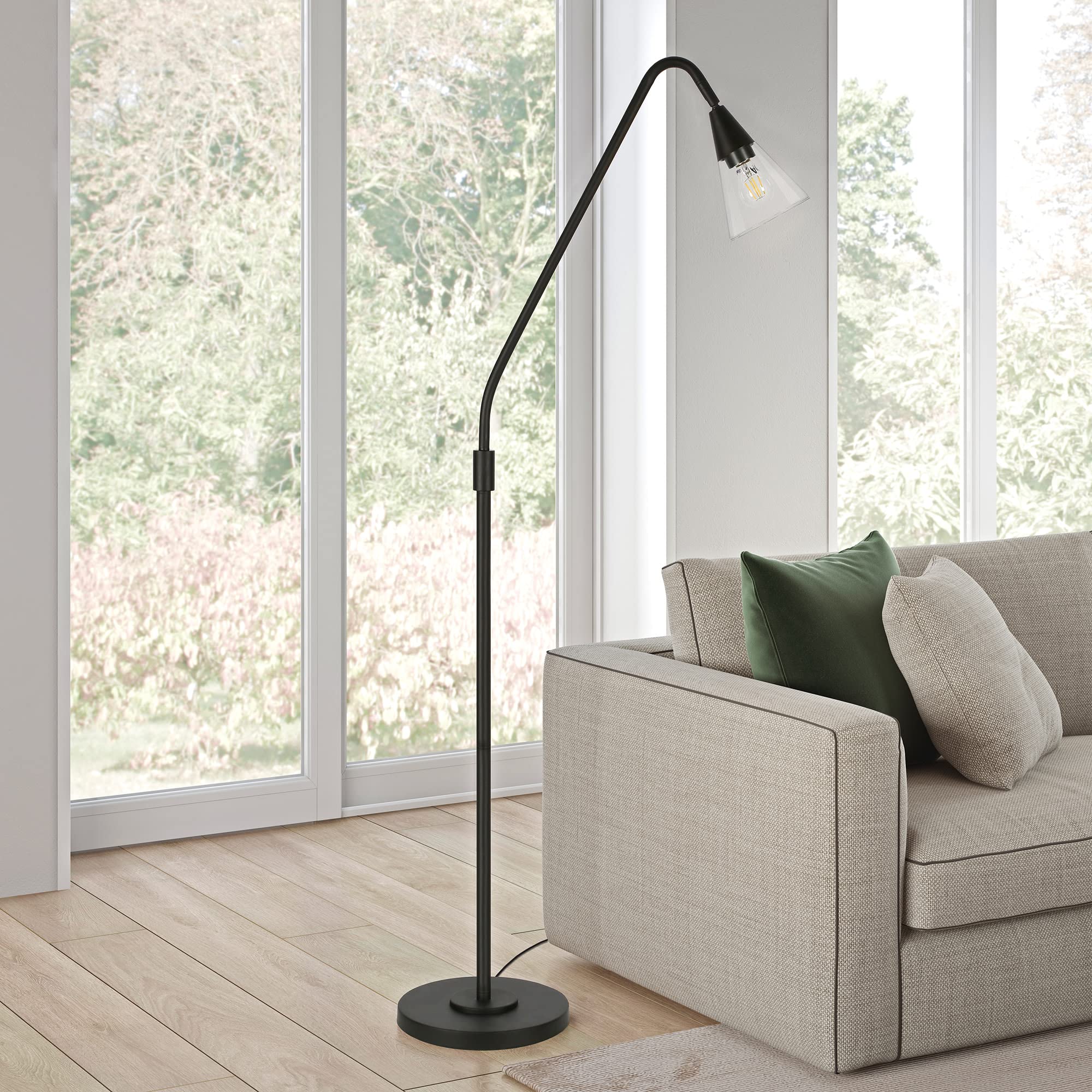 View 1 of *** MISSING PARTS ****
Challice Arc Floor Lamp with Glass Shade in Blackened Bronze/Clear