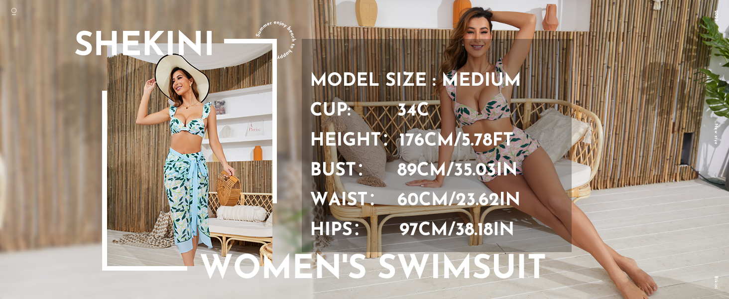 SHEKINI Women's 3 Piece Swimsuit with Beach Cover Up Skirt