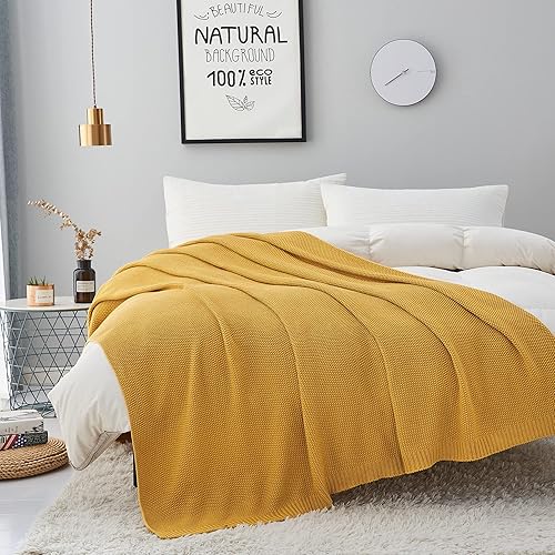 Miniatura 7 de Longhui bedding Manta de punto trenzado de algodón amarillo mostaza para sofá, cama, manta de punto ligera decorativa para el hogar con bolsa de