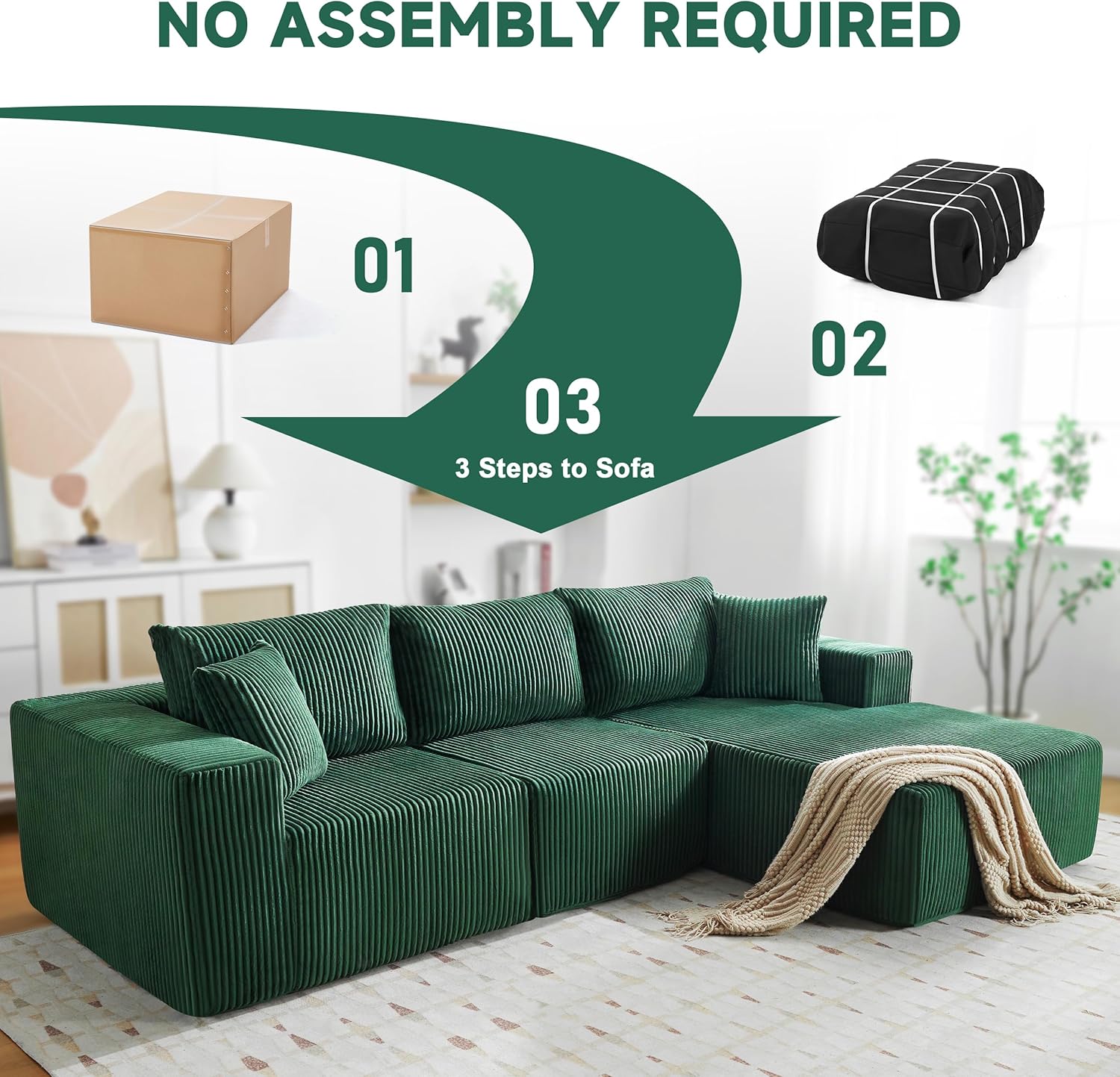 HUATEAN 108” Modular Sectional Sofa, Cloud Sectional Couch with Deep Seat, Modern Modular L-Shape Sofa Couch with Chaise,Upholstered Couches for Living Room Bedroom (Corduroy, Green)