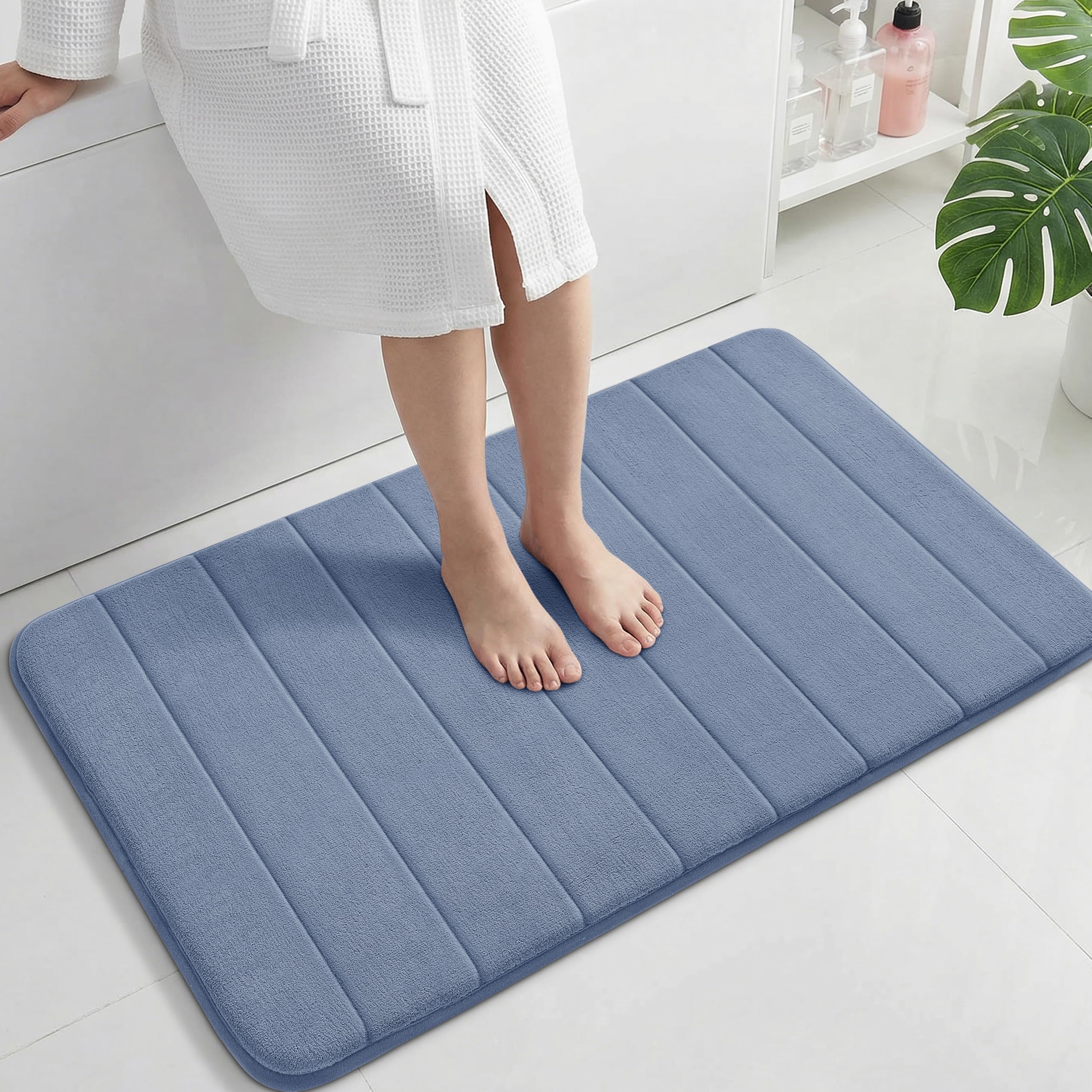 Yimobra Large Bath Mat 36"x24", Super Soft Quick Dry Memory Foam Bathroom Rug, Water Absorbent, Non Slip Backing Machine Washable for Tub Shower, Thick Comfort Support, Denim Blue