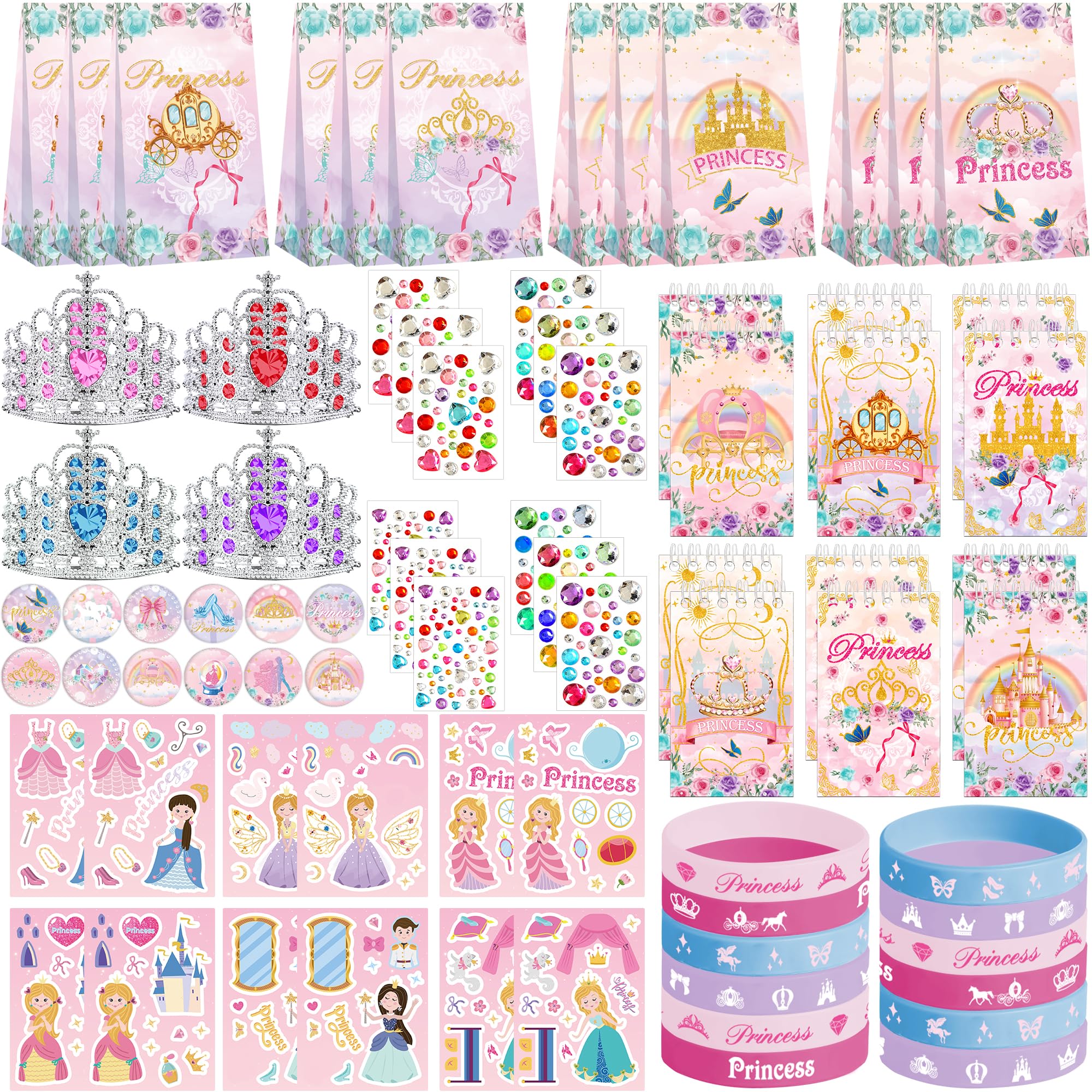 Princess Party Favors, Including 12 Gift Bag, 12 Stickers, 12 Silicone Wristbands, 12 Badge, 12 Notebook, 12 Gem Stickers , 12 Crown Tiaras, for Girls Princess Birthday Party Decorations Supplies