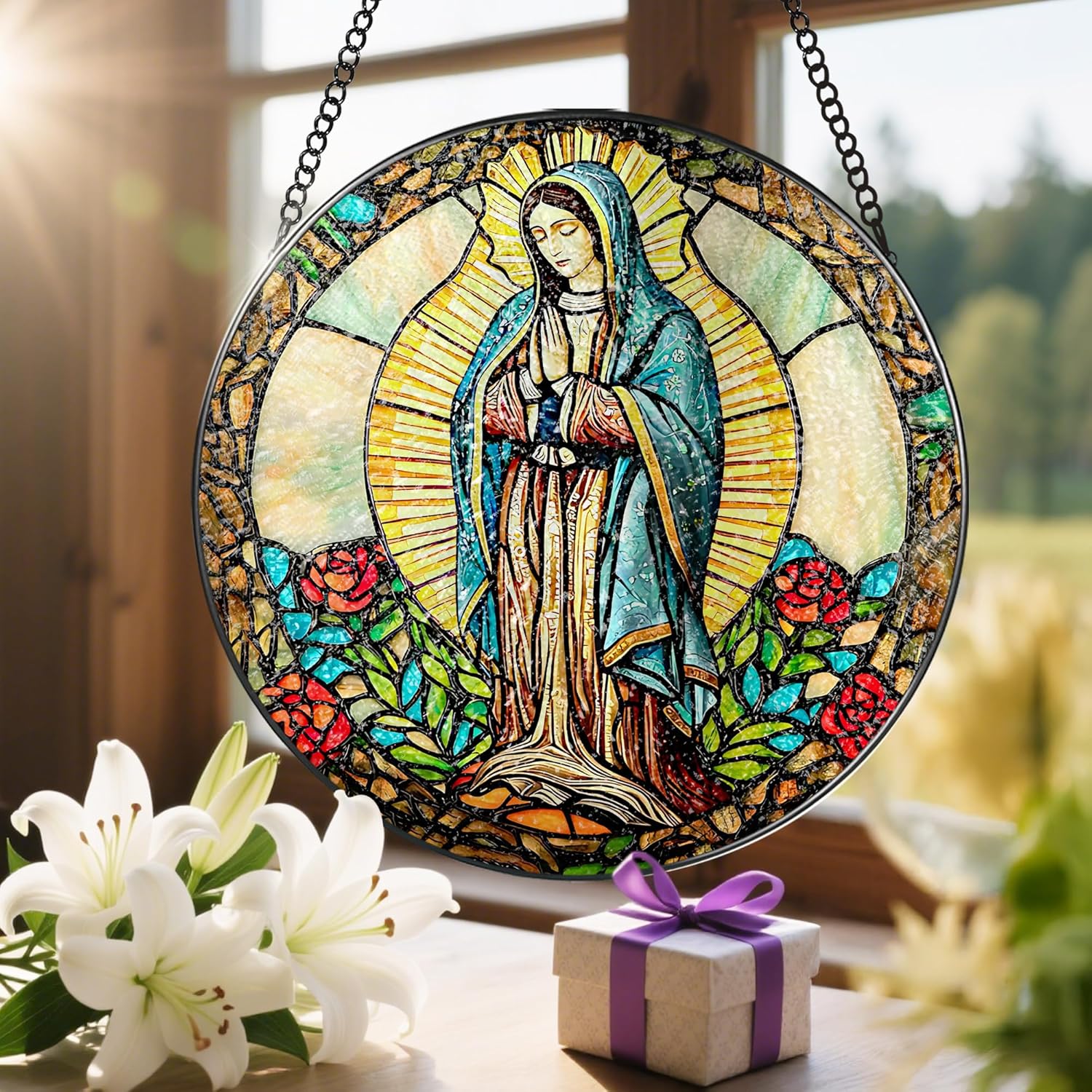 8 Inch Our Lady of Guadalupe Stained Glass Suncatcher, Stained Glass Window Hanging, Mexican Mom Window Hanging, Latin Mom Gift, Gifts for Mother's Day, Religious Gift, Gifts for Christian - Image 6