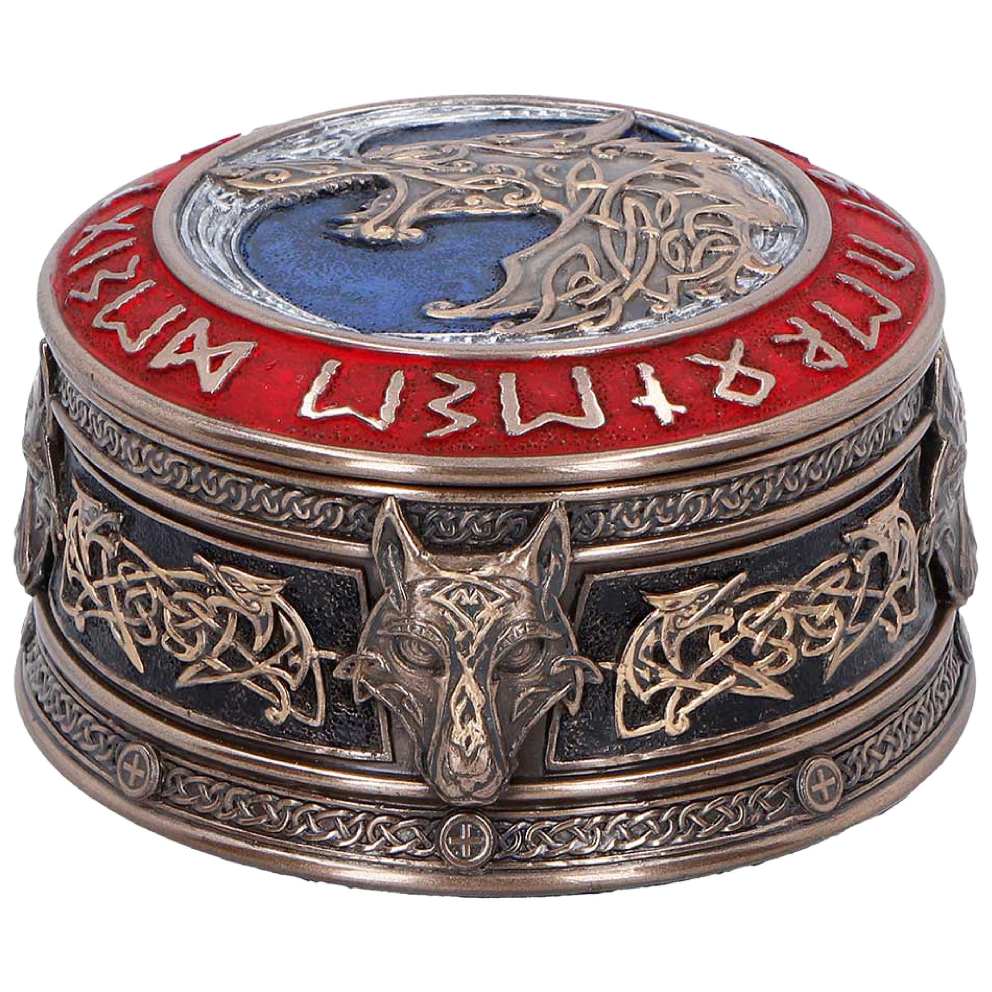 Nemesis Now Bronze Fenrir’s Treasure Box 5.2Cm – Norse Mythology Resin Decorative Storage Box With Rune Lid, Viking Wolf Collectible Trinket Box, For Fans