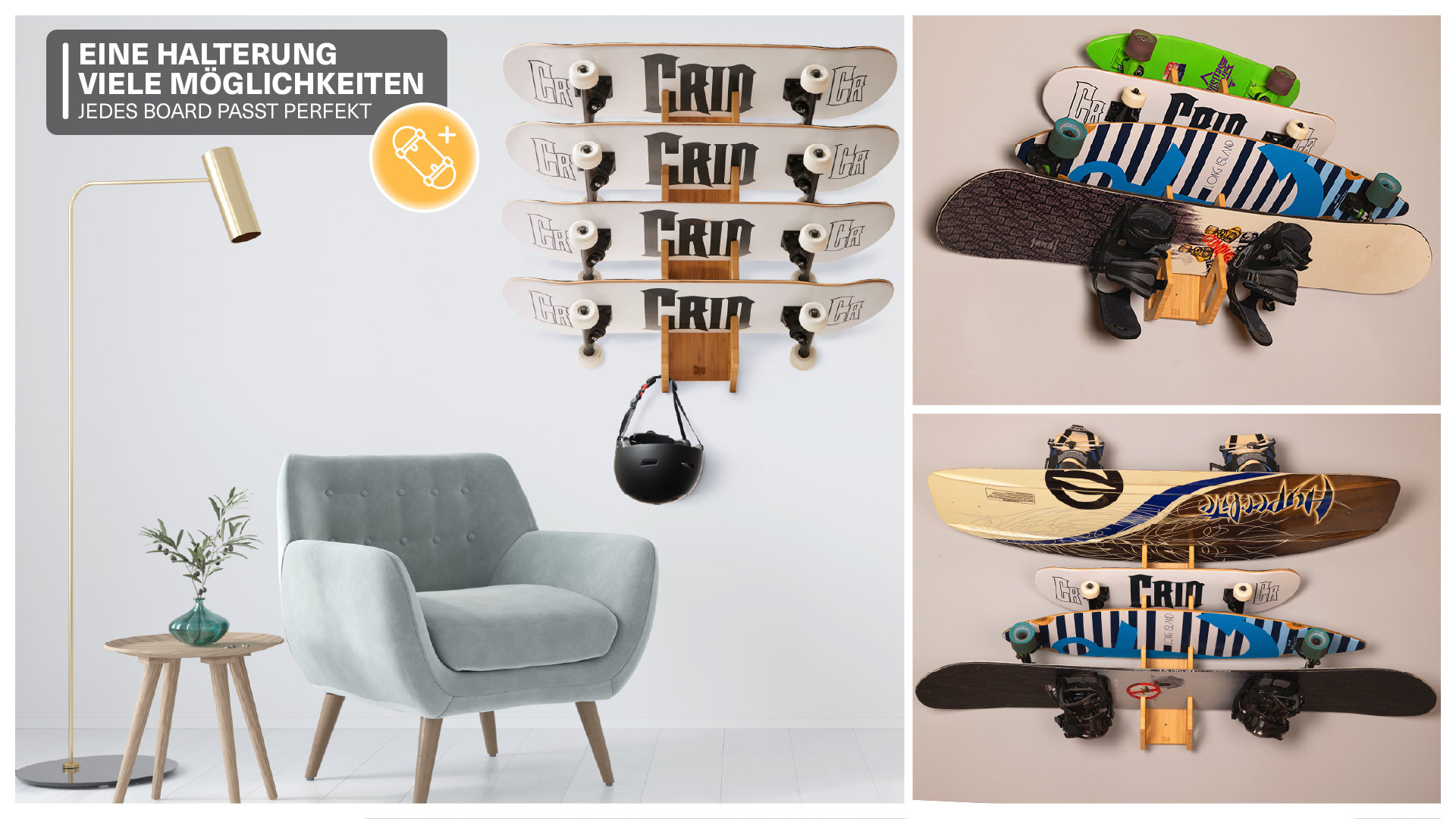 Supporto Parete Per Skateboard CRID - In Bambù Per 4 Tavole Con Kit Montaggio Incluso - Foto 5