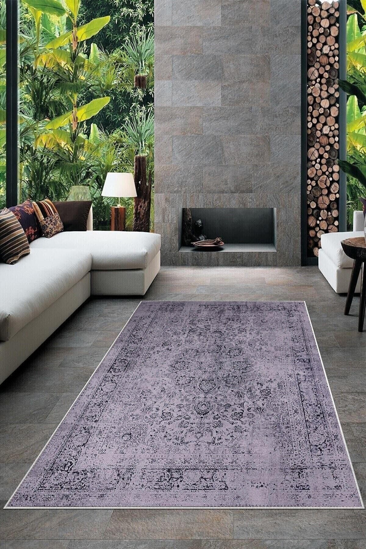 Pelangi Gri Vintage Desenli Yıkanabilir Kaymaz Taban Leke Tutmaz Modern Salon Halısı Ve Yolluk, Lila 180 x 280, 1358327180280728