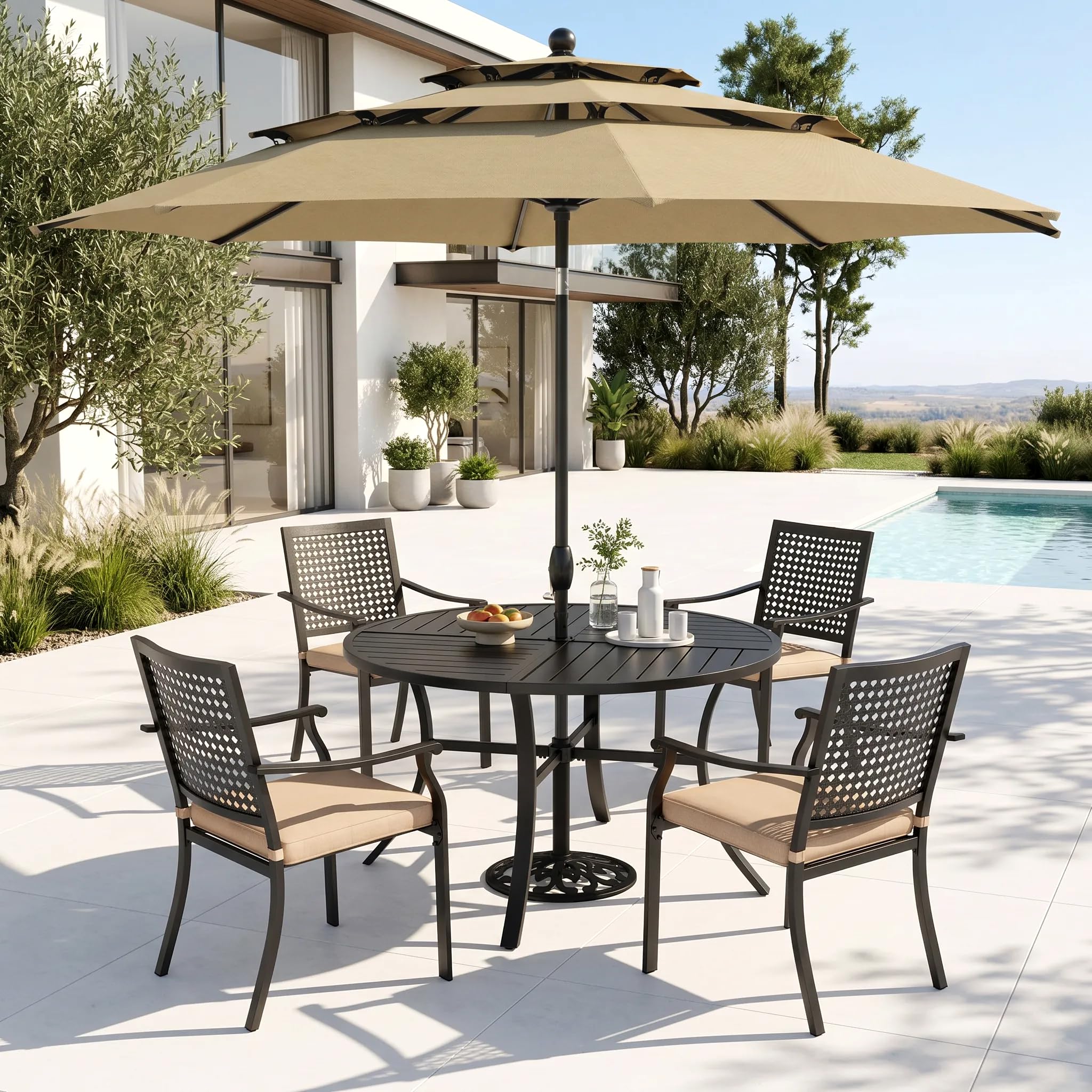 PHI VILLA Outdoor Round Table Set w/Umbrella, 5pc Patio Metal Furniture