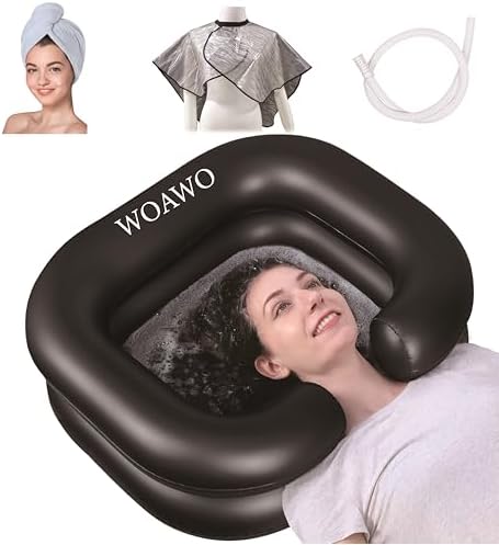Inflatable Shampoo Basin – Portable Shampoo Bowl， Hair Washing Bowl for Bedridden, Disabled, Injured, and Elderly， Ideal for Home Sink Washing and Dreadlocks Detox with Extra Comfort Pillow (Black)