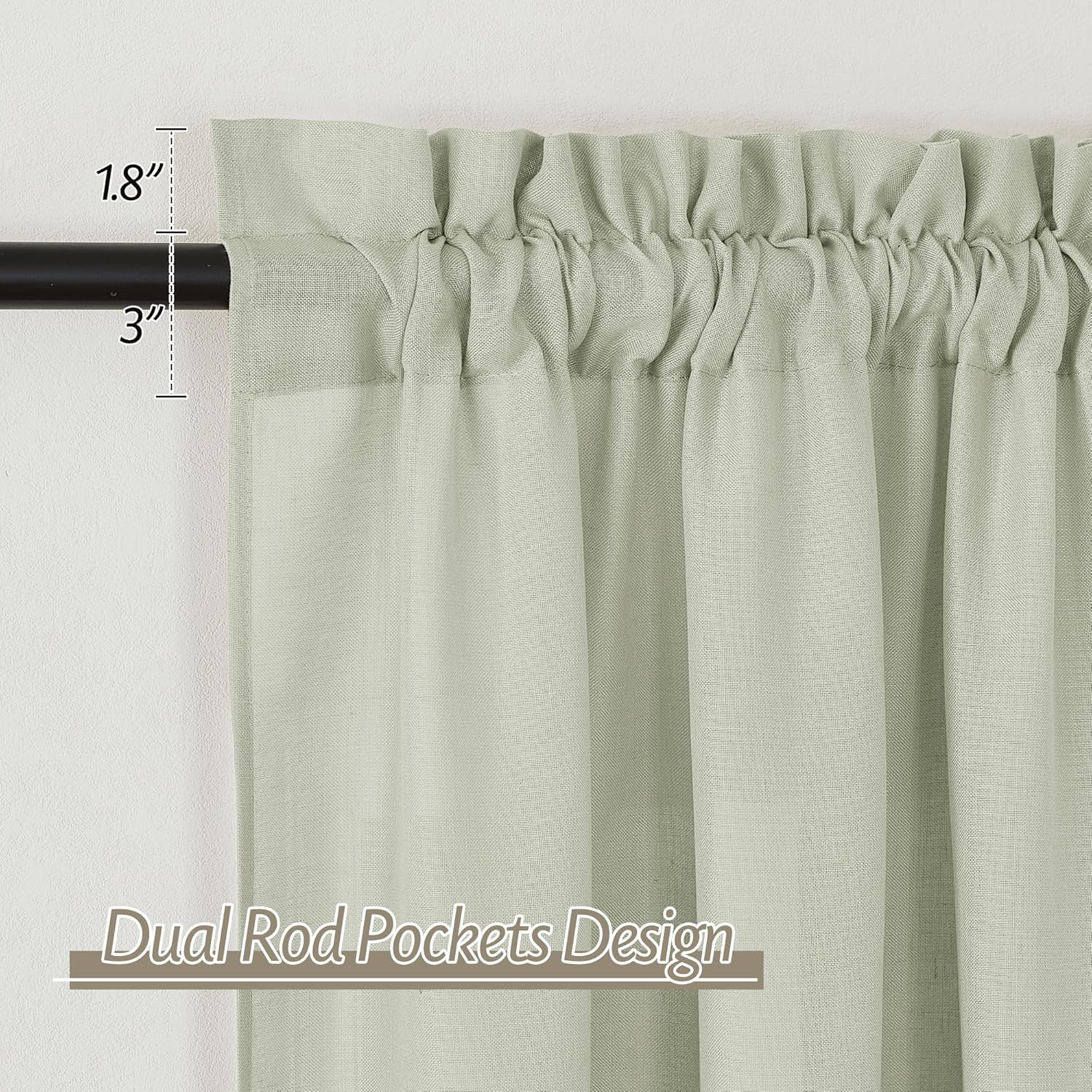 RYB HOME Linen Sheer Curtains 2 Panels for Living Room, Semi Transparent Privacy Drapes with Rod Pocket Farmhouse Style Window Treatments for Bedroom， Sage Green， 52" W x 90" L