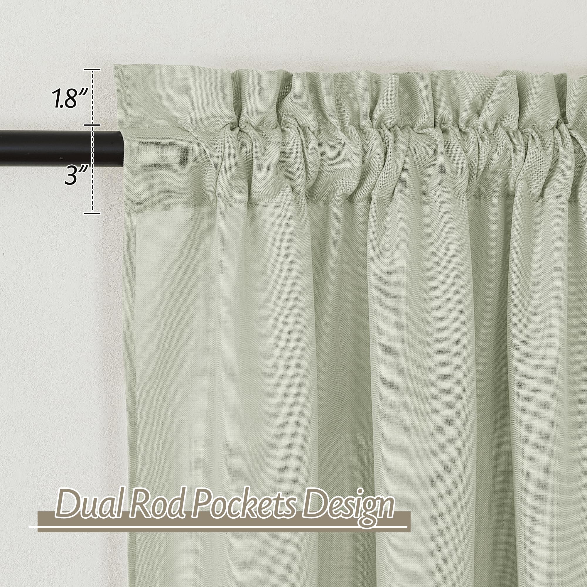 RYB HOME Linen Curtains Half Privacy Window Drapes Rod Pocket Window Panel Semi Sheer Curtains â€“ 100% Pure Natural Fabric Curtain for Farmhouse/Home Office W 52 x L 90 inches, Pack of 2, Sage Green