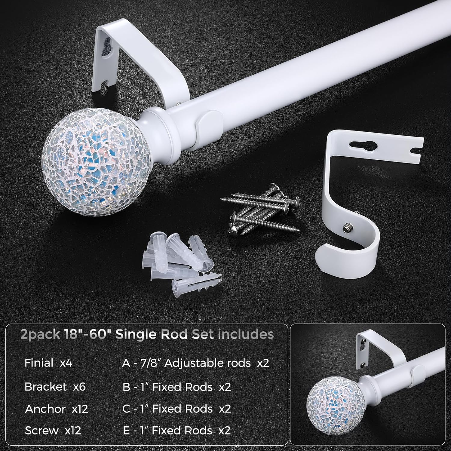 2 Pack White Curtain Rods for Windows 28 to 48 Inch,1 Inch Adjustable Heavy Duty Decorative Mosaic Colourful Ball Curtain Rod,Telescoping Window Rod for Bedroom,White Drapery Rods 18-60"
