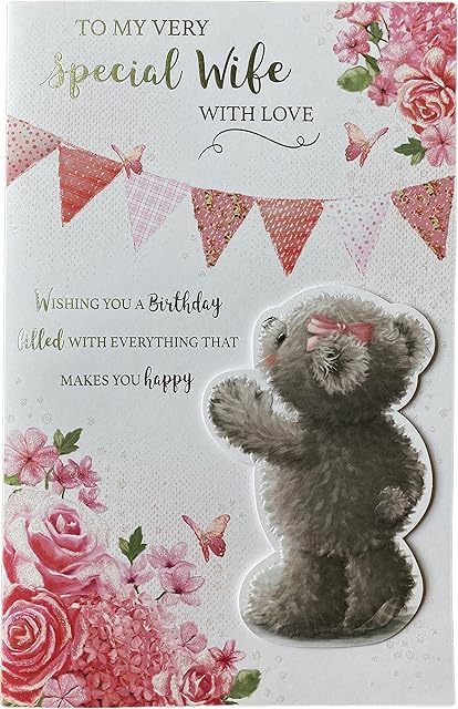 Special Wife Birthday Card with Love Cute Teddy Flowers Butterflies and Bunting Silver Foil with Envelope Sticker Seal - Large 30 x 19.5cm
