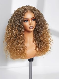 GORGIUS Ombre Brown Curly Lace Front Wig Glueless Pre Cut Middle Parted Closure Wig Dark Brown Mix Blonde Highlight Synthetic Wig Upgraded with Premium Human-Hair-Like Fiber 20 Inch (Color 2/27)
