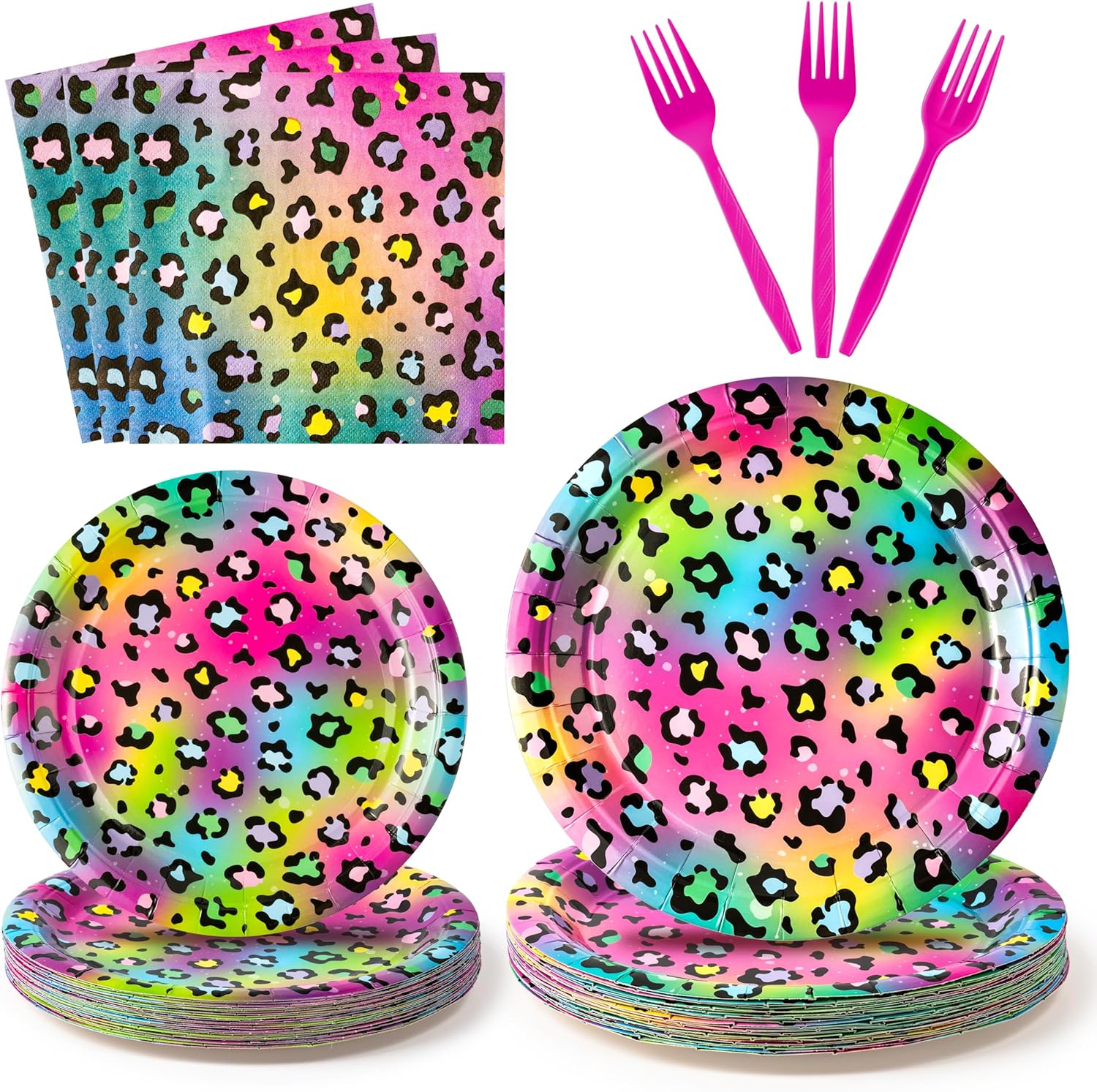 K1tpde 虹色 虹色 ヒョウ柄 食器 - 96ピース チーターネオンテーマ ヒョウ柄食器セット 紙皿 ナプキンとフォーク付き サ