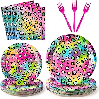K1tpde Iridescent Rainbow Leopard Tableware - 96PCS Cheetah Neon Theme Leopard Print Tableware Set Included Paper Plates Napkins and Forks, Safari Animal Birthday Party Supplies for Adult, 24 Guest