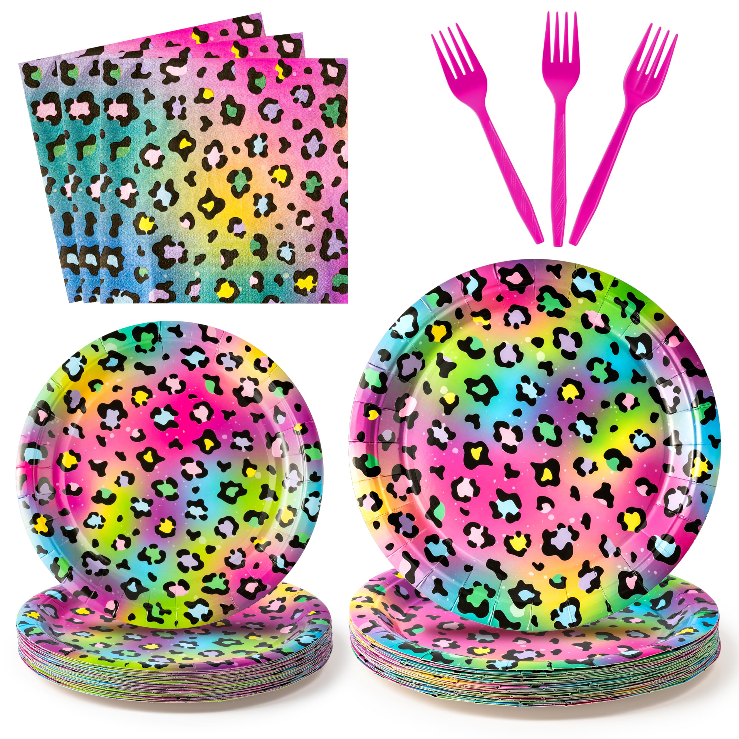 K1tpde Iridescent Rainbow Leopard Tableware - 96PCS Cheetah Neon Theme Leopard Print Tableware Set Included Paper Plates Napkins and Forks, Safari Animal Birthday Party Supplies for Adult, 24 Guest