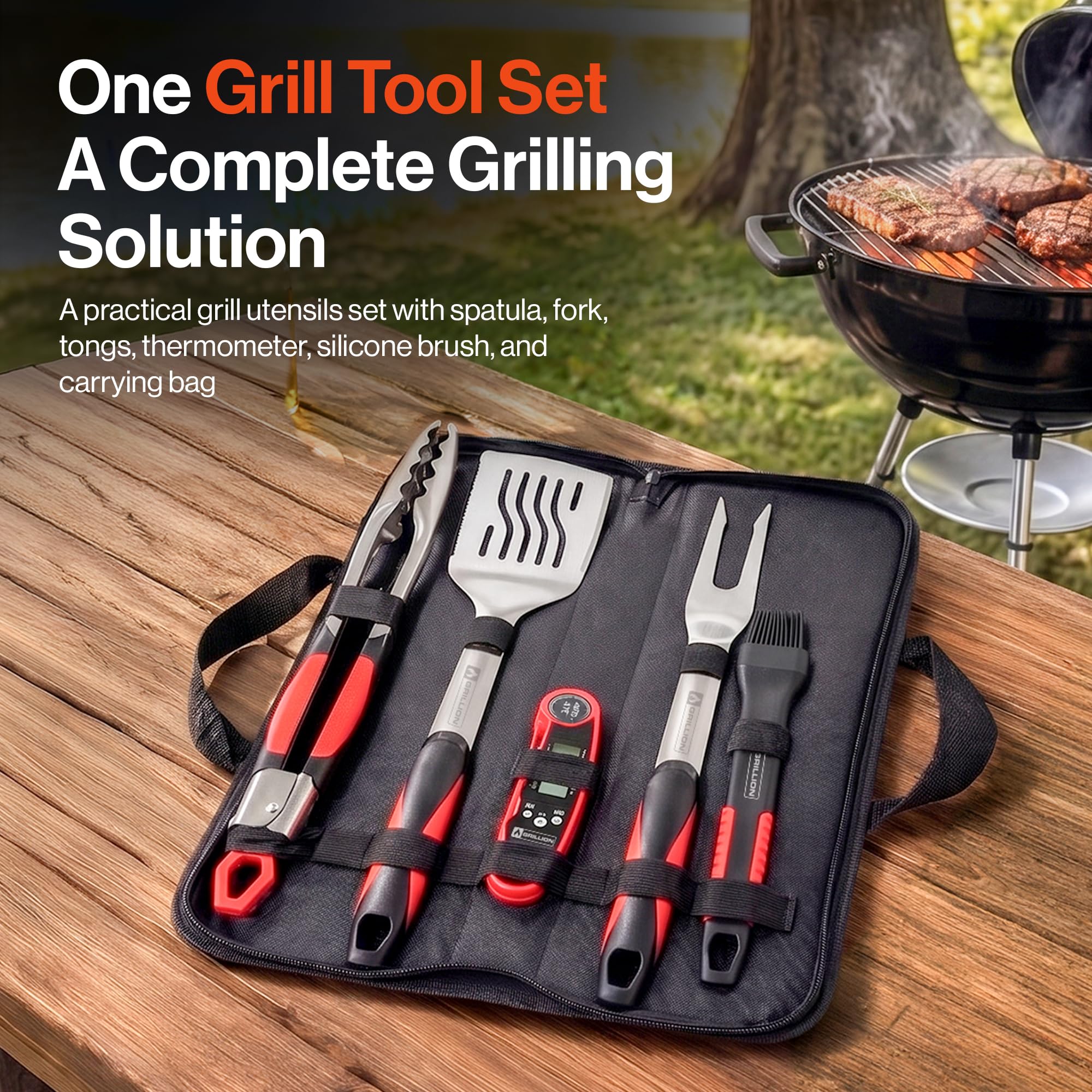 Grillwerkzeuge für Outdoor-Grills – Premium-Grillutensilien-Set – Spatel, Zange, Gabel, Thermometer und Bürste mit Tragetasche – Grill-Sets für Männer – Grillzubehör Geschenke