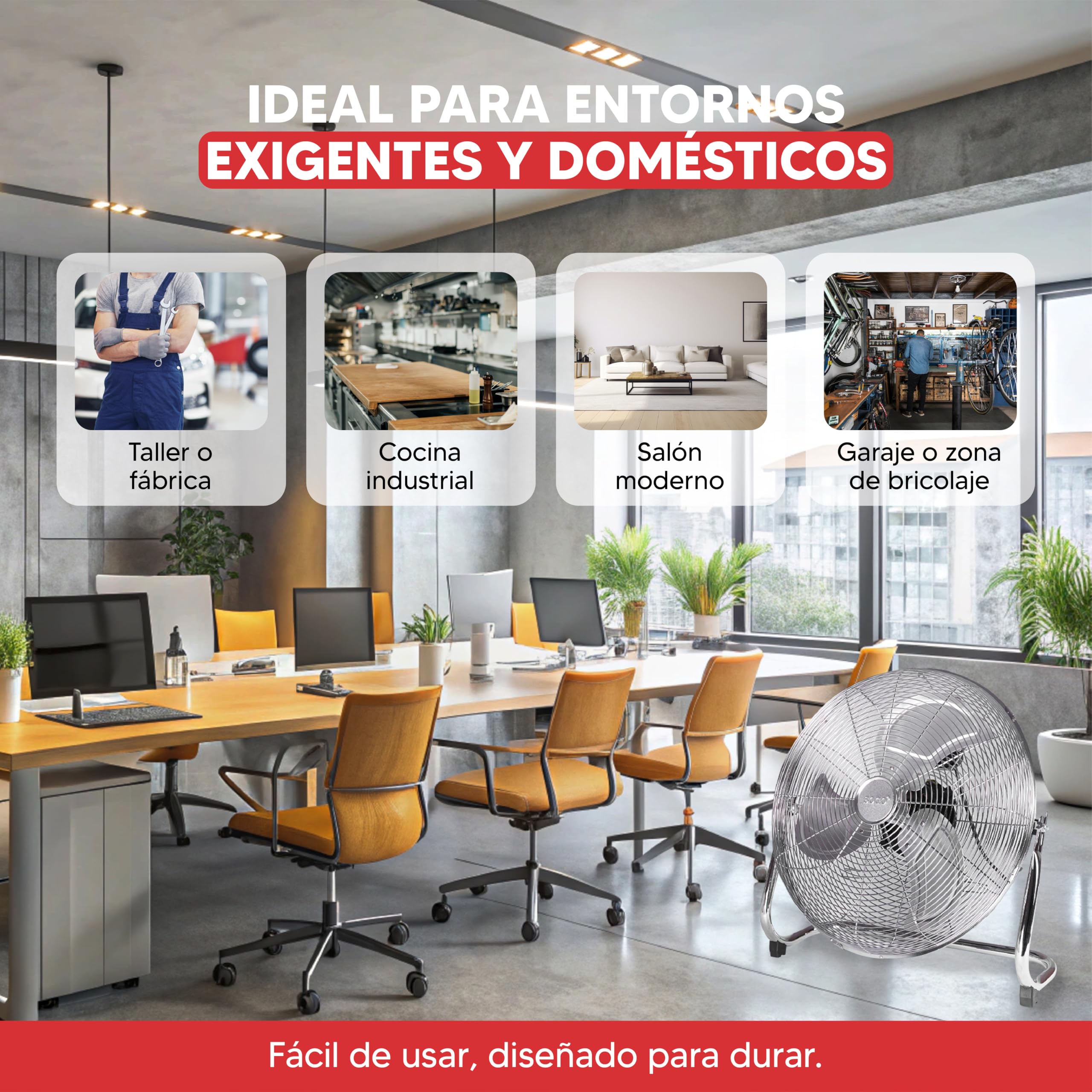 SOGO Ventilador Potente Industrial de Suelo Inclinable - Ventilador para Suelo y Sobresuelo con 3 Velocidades y Aspas Metálicas - Incluye Base con Tacos de Goma para Proteger Superfícies