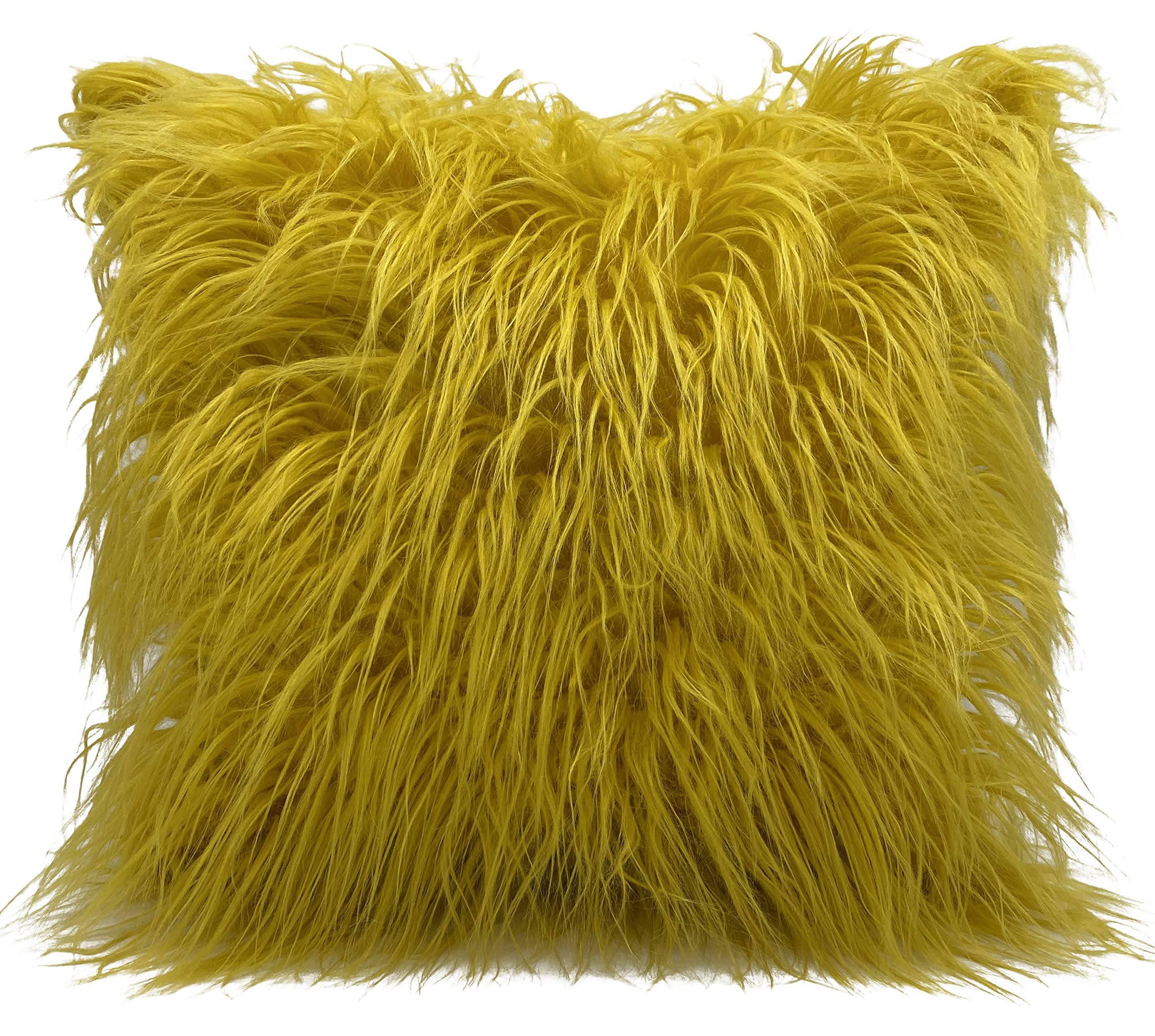Cushion Mania Mustard Yellow Set Of 4 Large Cushion Cover Or Cushions Long Shaggy Faux Fur Cushions 21X21" Or 17X17" Filled (, Set Of 4 17"X17" Filled)