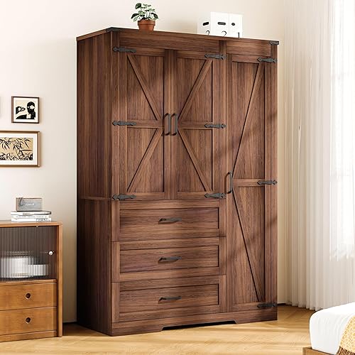 Miniatura 11 de Armario de 4 puertas con 3 cajones y cajones, armario de dormitorio de granja con barra para colgar y estantes ajustables, armario de almacenamiento