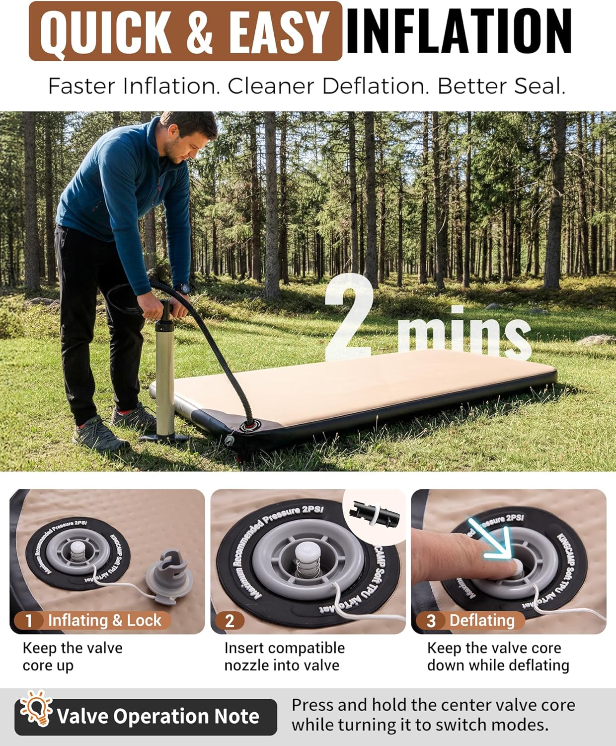 KingCamp FLEXIREST 8.0 Inflatable Sleeping Pad for Camping, High-Support Drop Stitch Camping Mattress with 1100lbs Capacity, PVC-Free Camping Mat for Tent Car Glamping Outdoor Travel, 79 * 40 * 3.15