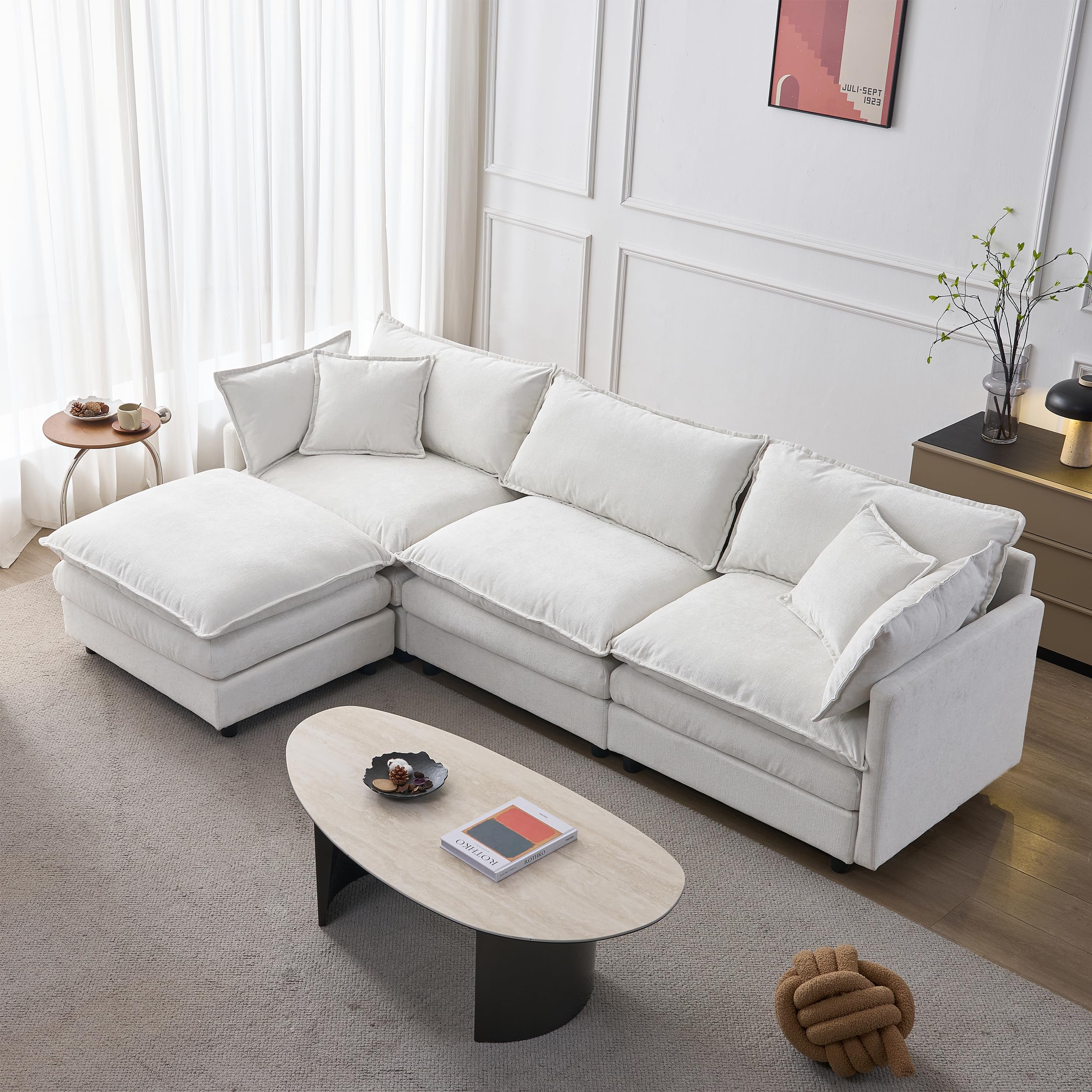 Muskel Sofá esquinero modular de chenilla premium, sofá de 3 plazas en forma de L con chaise longue y taburete, para apartamentos pequeños, sala de estar y salón, cómodo sofá de salón
