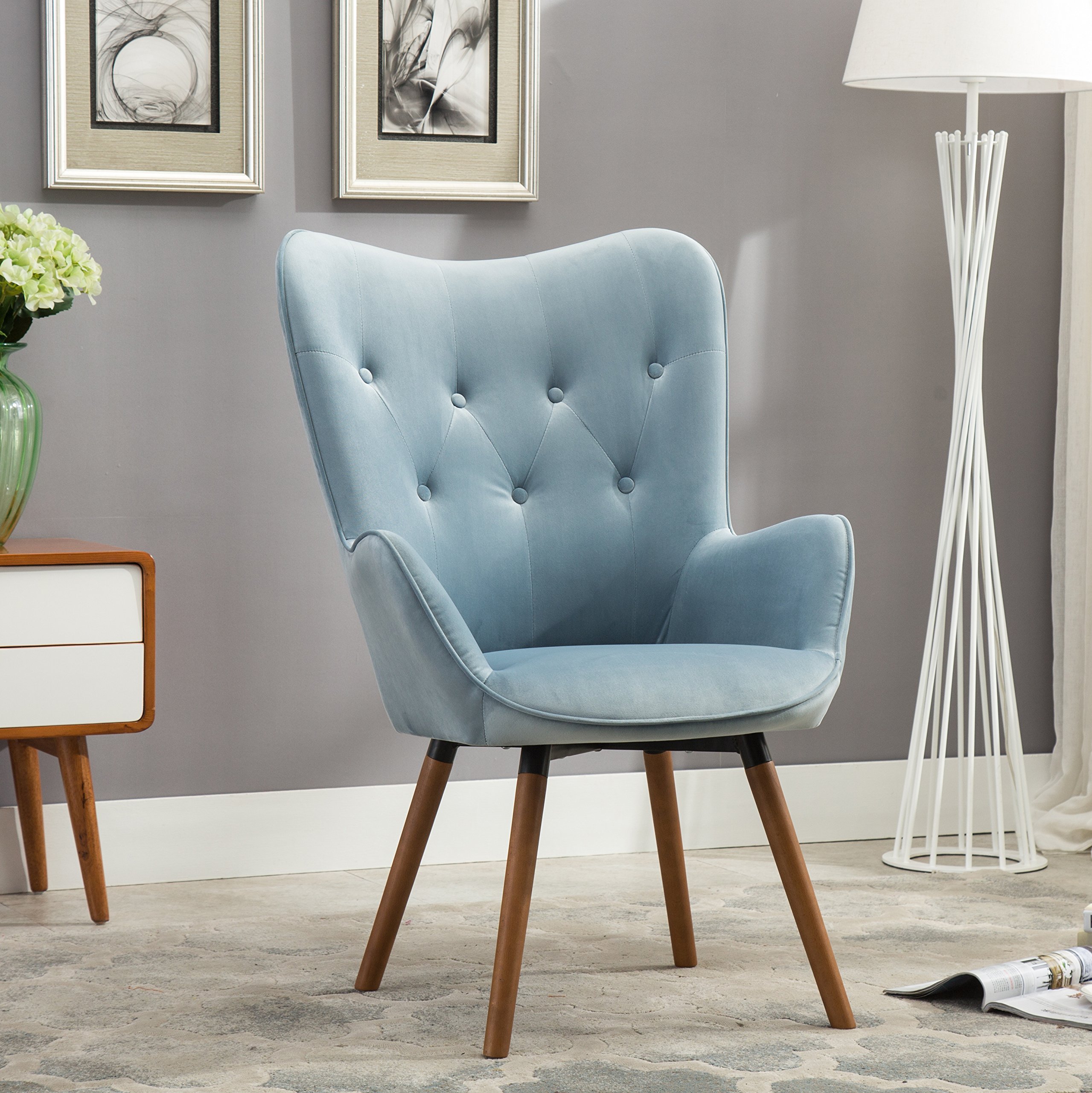 Roundhill Furniture Doarnin Contemporary Silky Velvet Tufted Button Back Accent Chair, Blue