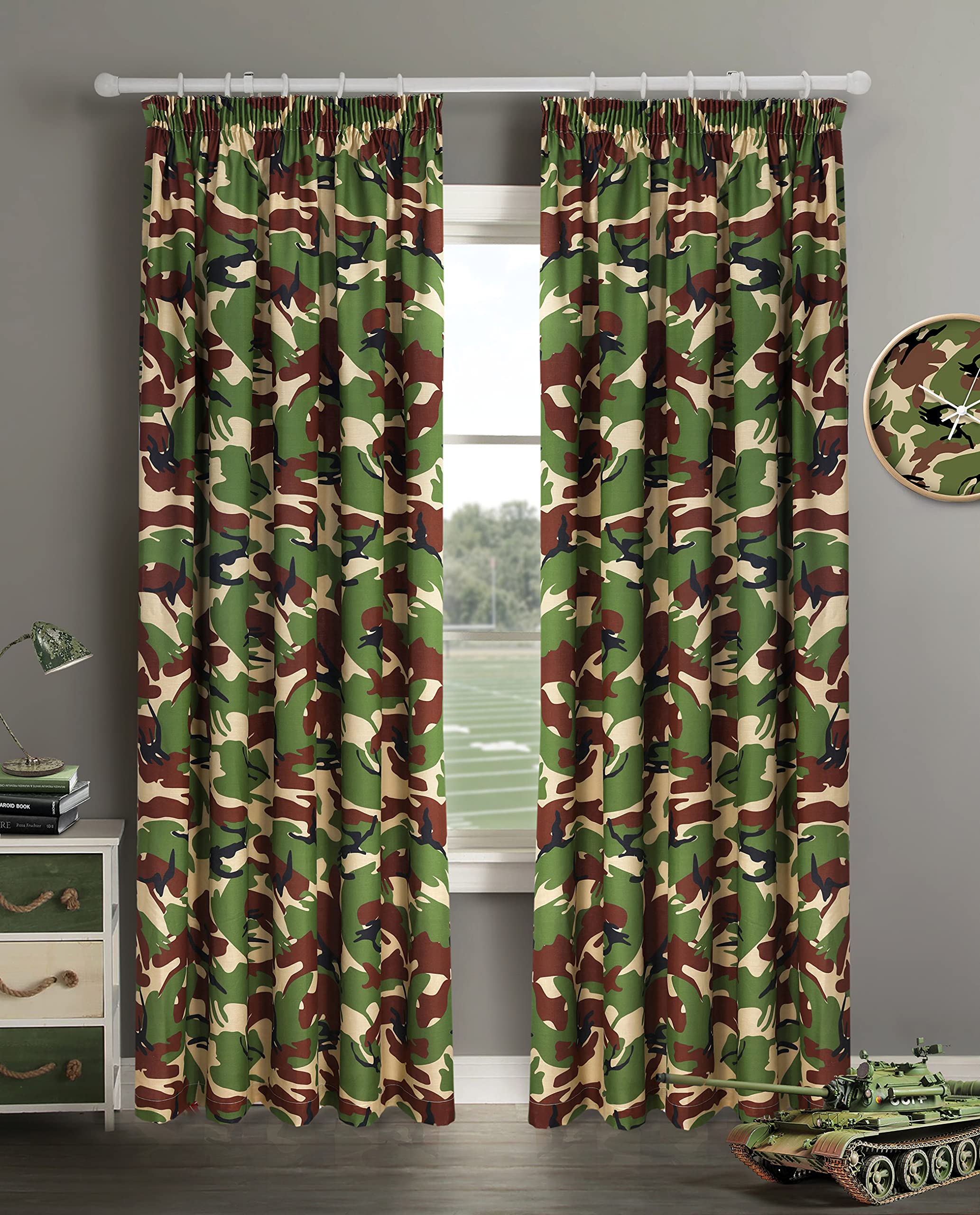 Velosso Camouflage Army Curtains Matching Bedding Set (Green, 66"x72" Pencil Pleat) โ image 1