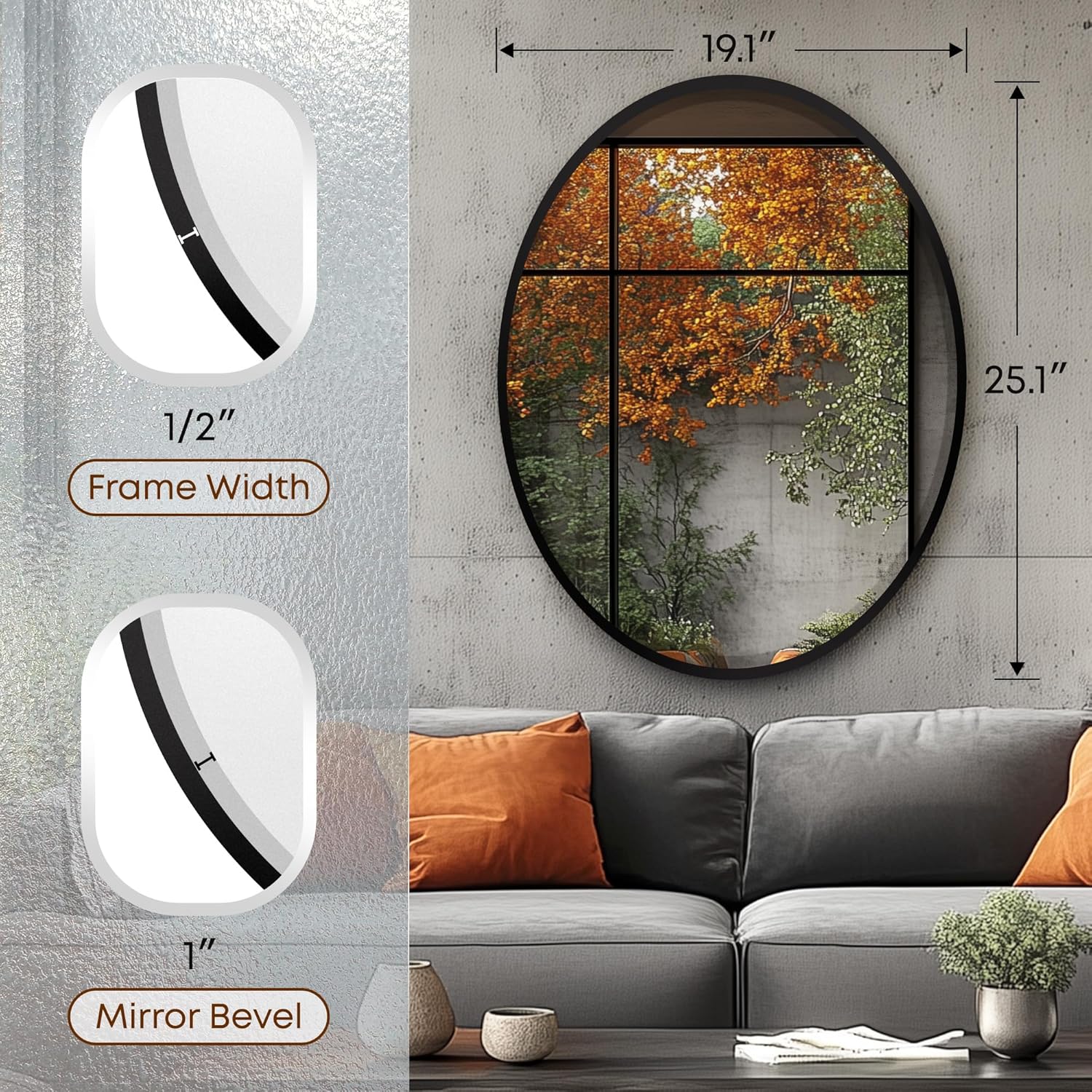 OVALCREST - Oval Wooden Beveled Wall Mirror for Home Decor, Bathroom, Vanity, Bedroom, Living Room, Hallway - London Style (Matte Black) 25.1 x 19.1