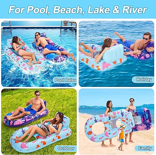 Miniatura 6 de Paquete de 4 flotadores de piscina para adultos, flotador inflable para piscina, resistente con soporte para tazas, respaldo y reposapiés, flotador
