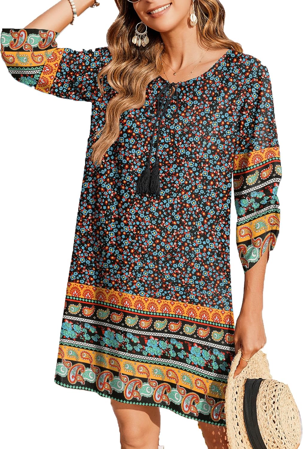 Zeagoo Womens Boho Dresses Casual Beach Summer Dress Tassel Tie Neck 3/4 Long Sleeve Mini Sundress 2026 Floral Print Cover Up
