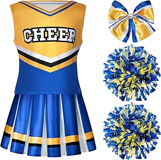 Spooktacular Creations Girl Blue Cheerleader Costume, Halloween Cute Cheer Uniform Outfit with Accessories for Halloween High School Cheerleader Dress Up Costume-XL