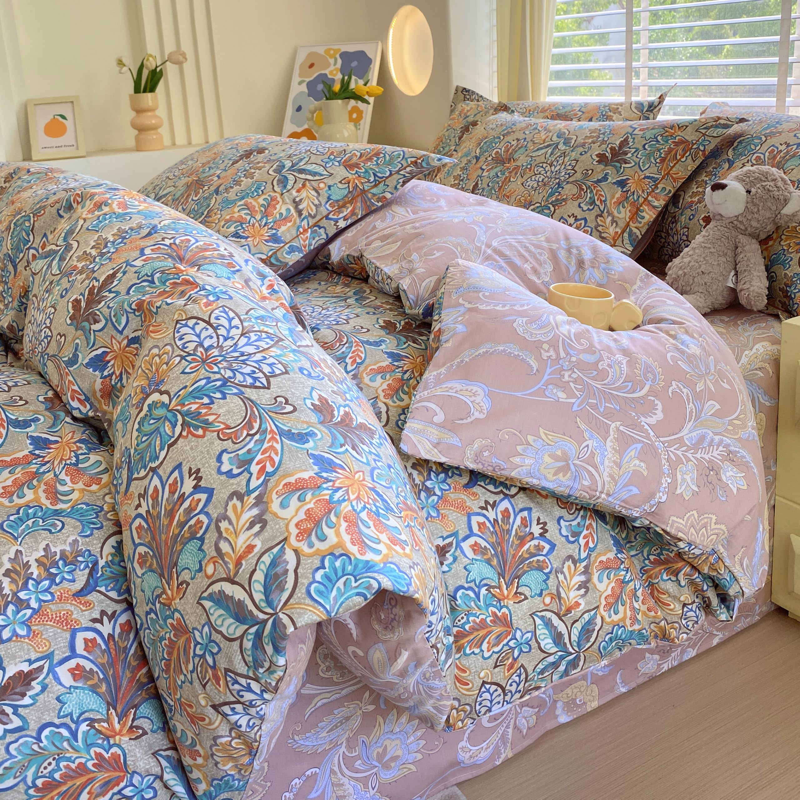 USTIDE Double Duvet Cover Set - Vintage Boho Bedding 3 Piece, 100% Cotton Reversible Floral Print in Golden Blue Brown, Farmhouse Style Home Collection (1 Duvet Cover + 2 Pillowcases) โ image 1