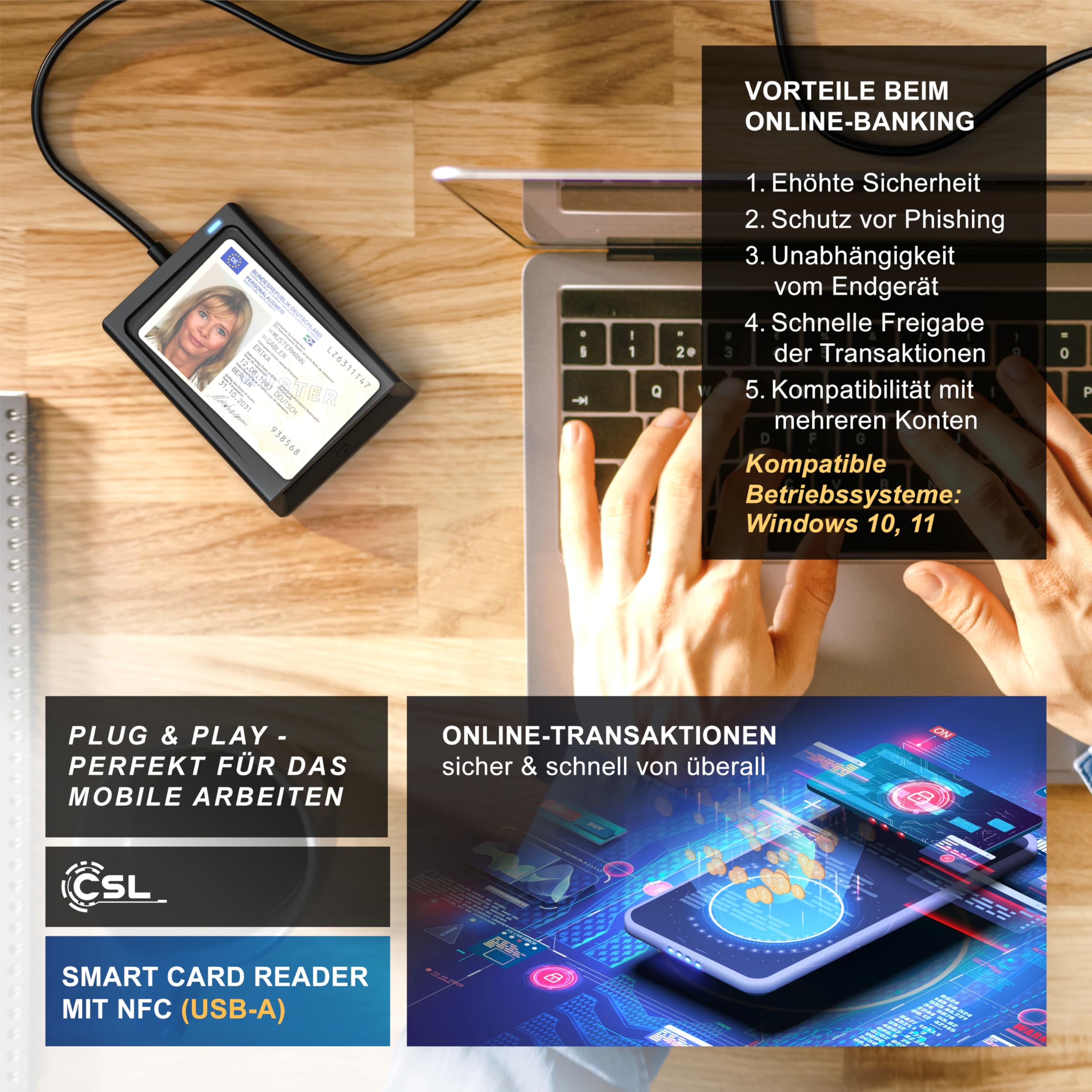 CSL - USB Chipkartenleser mit NFC - SmartCard Reader/SIM Kartenlesegerät - kompatibel mit Windows 10-11 - für den neuen Personalausweis Gesundheitskarte kein EPA Bankkarten