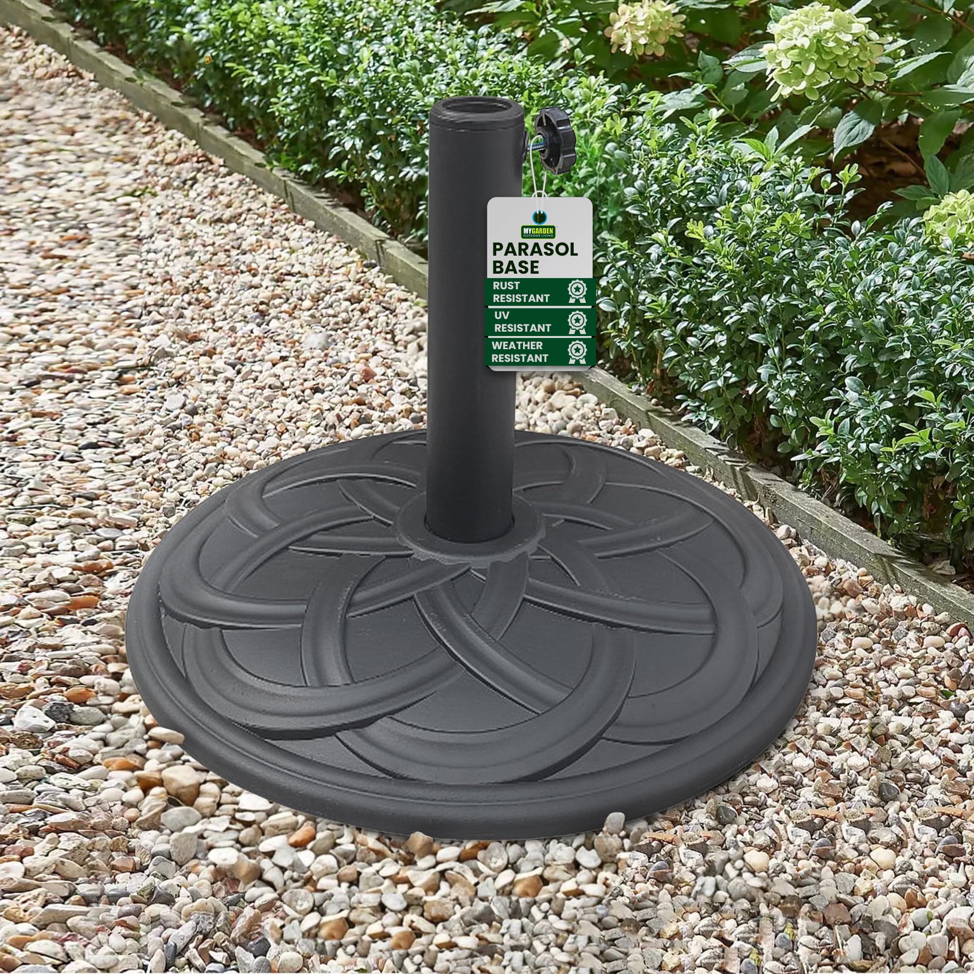 My Garden Parasol Base 9KG Black Cast Iron Effect Canopy Umbrella Holder Base Heavy Duty Cantilever Base With Adjustable Knob Suitable For All Surfaces Ideal For Outdoor Garden Patio Decking