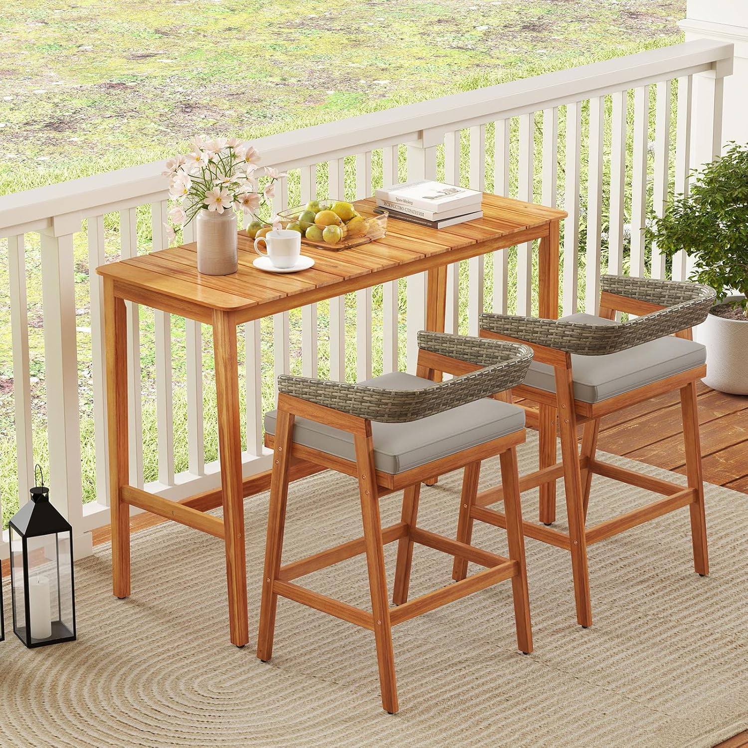Outdoor Bar Table, 54" x 22" Acacia Wood Counter Height Table with Slatted Tabletop and Adjustable Feet, Rectangular High Top Dining Table for Patio, Yard, Balcony, Poolside