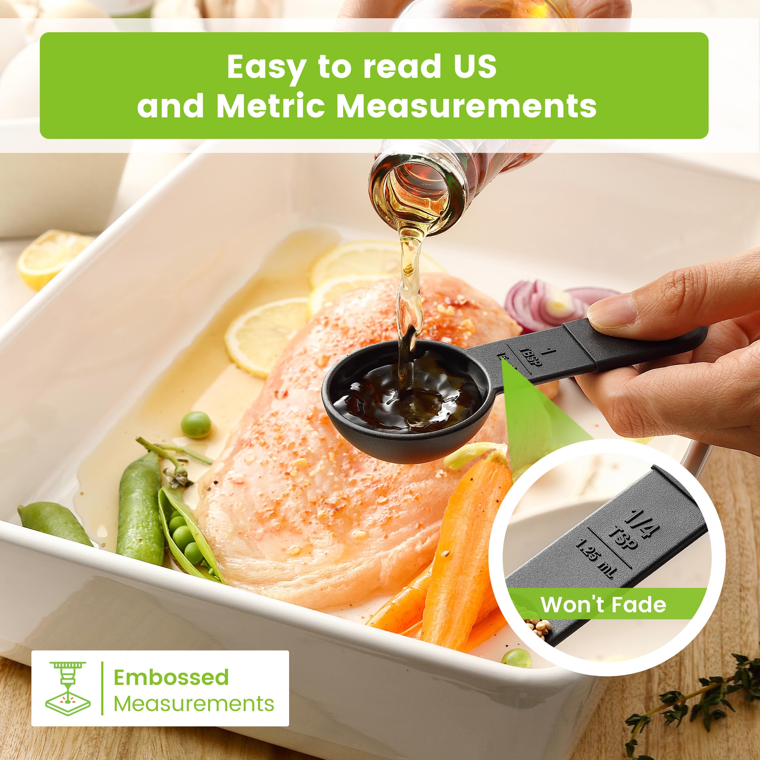 Juego de 9 tazas y cucharas medidoras magnéticas, herramienta de cocina anidable con marcas fáciles de leer para medir ingredientes secos o líquidos, sin BPA, color negro 6