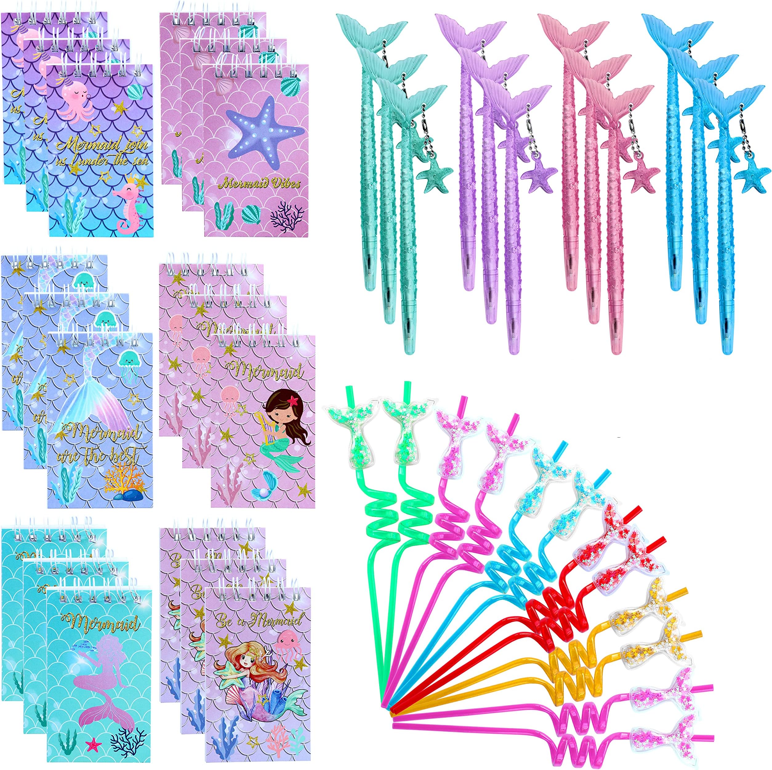 Empire Party Supply 36 Pcs Mermaid Party Favors, Set of 12 Mini Notebook Pen Cute Straws for Girl Birthday Supplies, Ocean Themed Party Gifts Classroom Rewards
