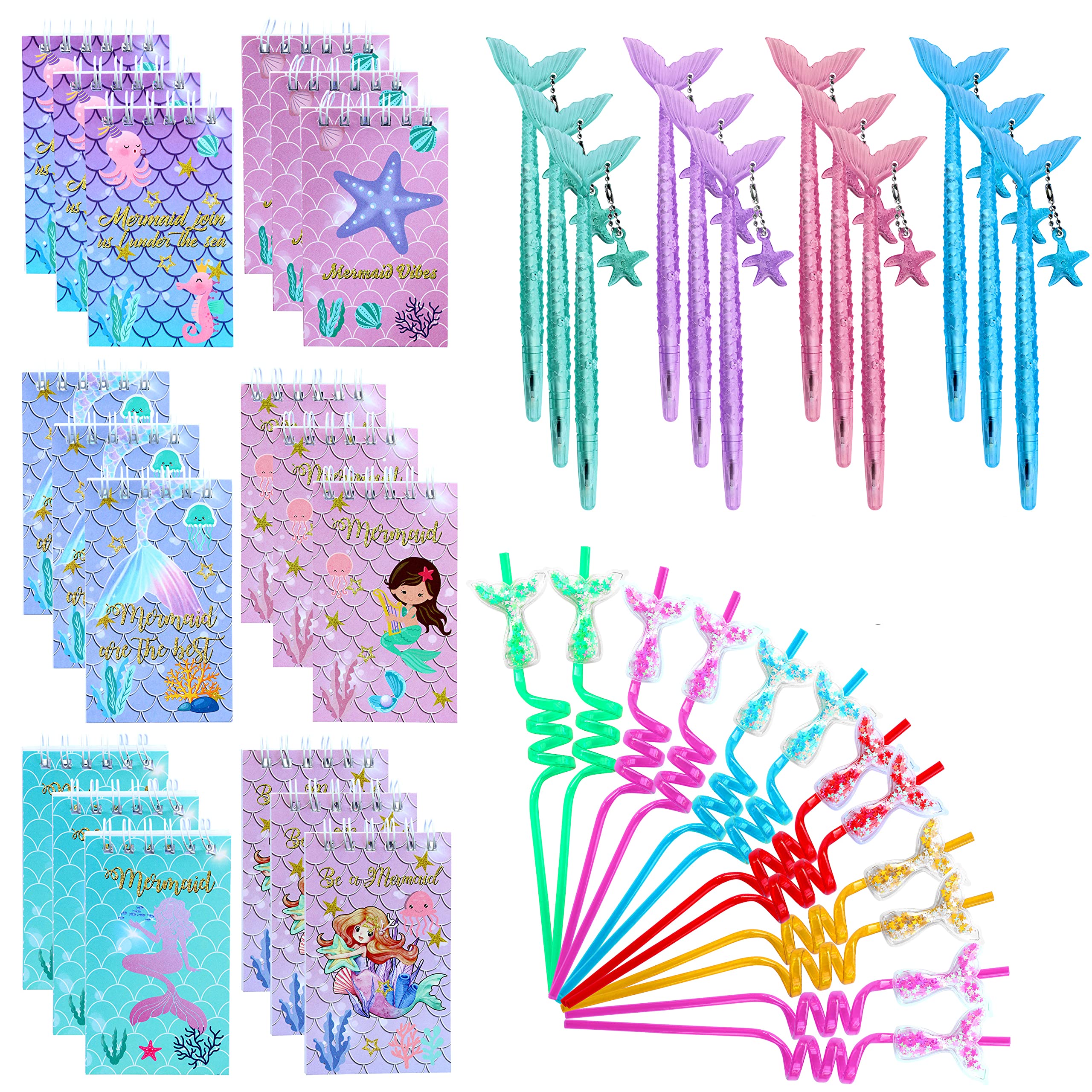 Empire Party Supply 36 Pcs Mermaid Party Favors, Set of 12 Mini Notebook Pen Cute Straws for Girl Birthday Supplies, Ocean Themed Party Gifts Classroom Rewards