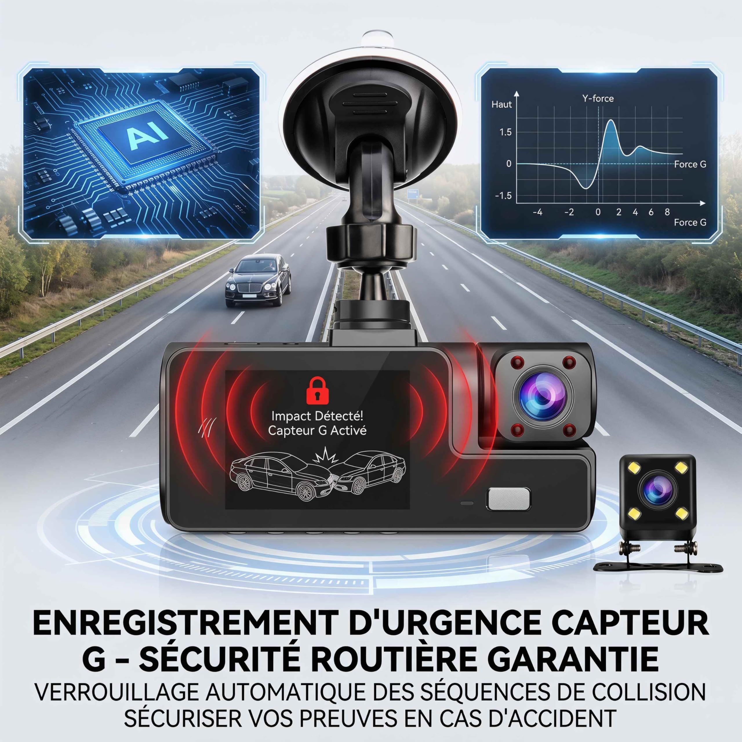 Telecamera Dashcam 3 telecamere 1080P Full HD | Massima sicurezza a 360° senza angolo morto, visione notturna e parcheggio monitorato, WiFi integrato rilevamento del movimento, ideale per i conducenti