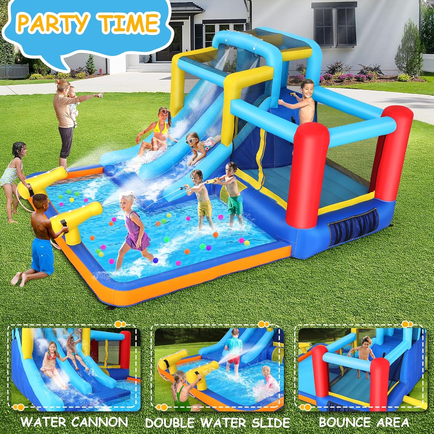 Whubefy Inflatable Water Slide, 12x10FT Water Park w/2 Slides, Jumping House, Climbing Wall & 2 Water Cannons for Outdoor, Water Slide Bounce House for Backyard, Summer Fun Hold 5 Kids