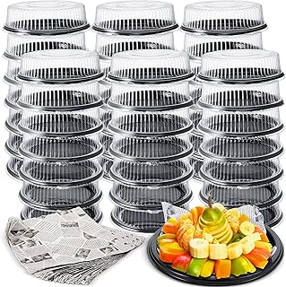 Tessco 48 Pcs 12 in Catering Trays with Lids Serving Trays Disposable Black Plastic Round Platters with Clear Lids and 96 Pcs Deli Wax Paper Sheets for Party Food Sandwich Veggie Cookie Plates