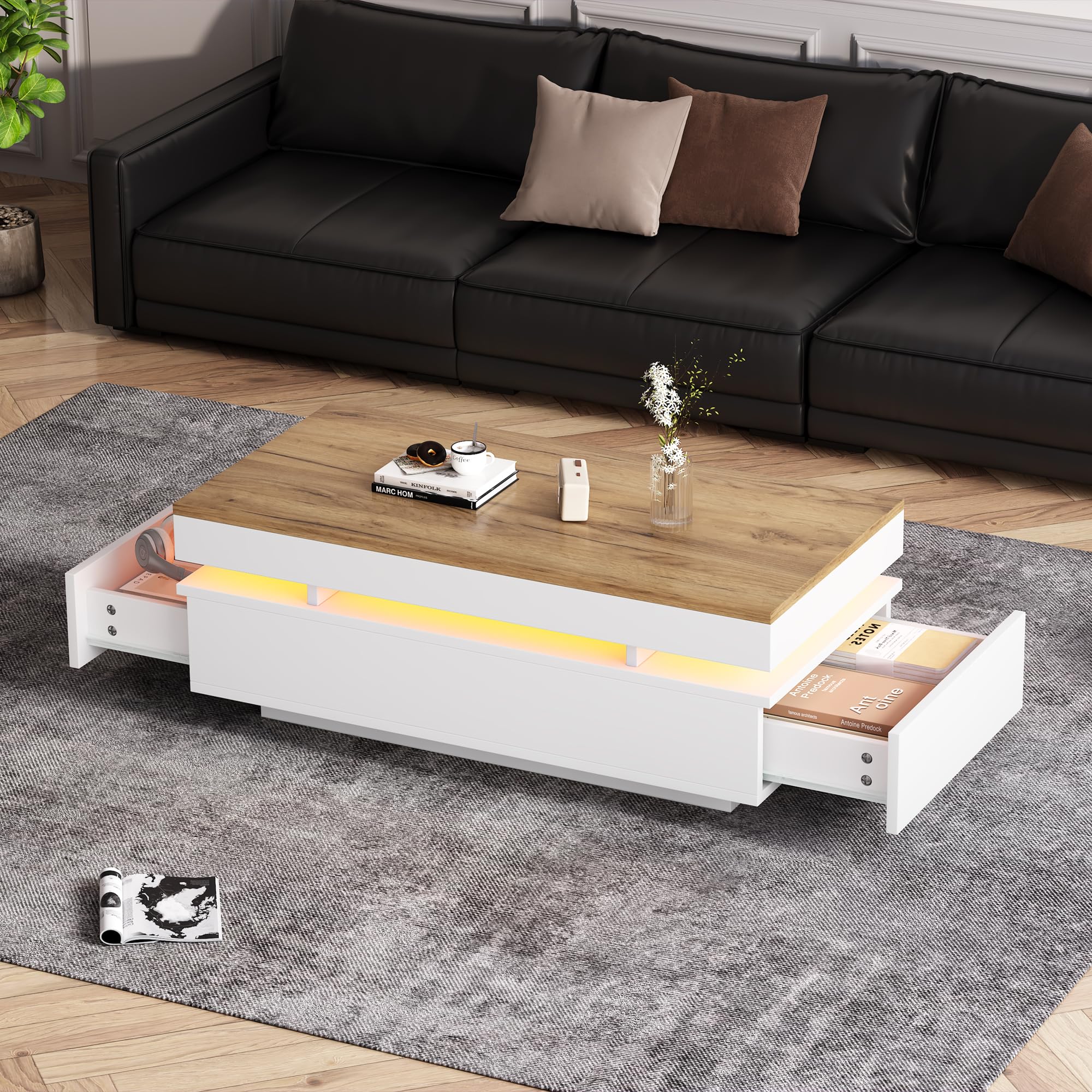 SACOOL 100 x 50 x 35 cm Mesa de centro con 2 cajones, mesa auxiliar LED de alto brillo, mesa de té, mesa de sofá, mesa de salón, mesa de café, color blanco + tono de madera, blanco, madera