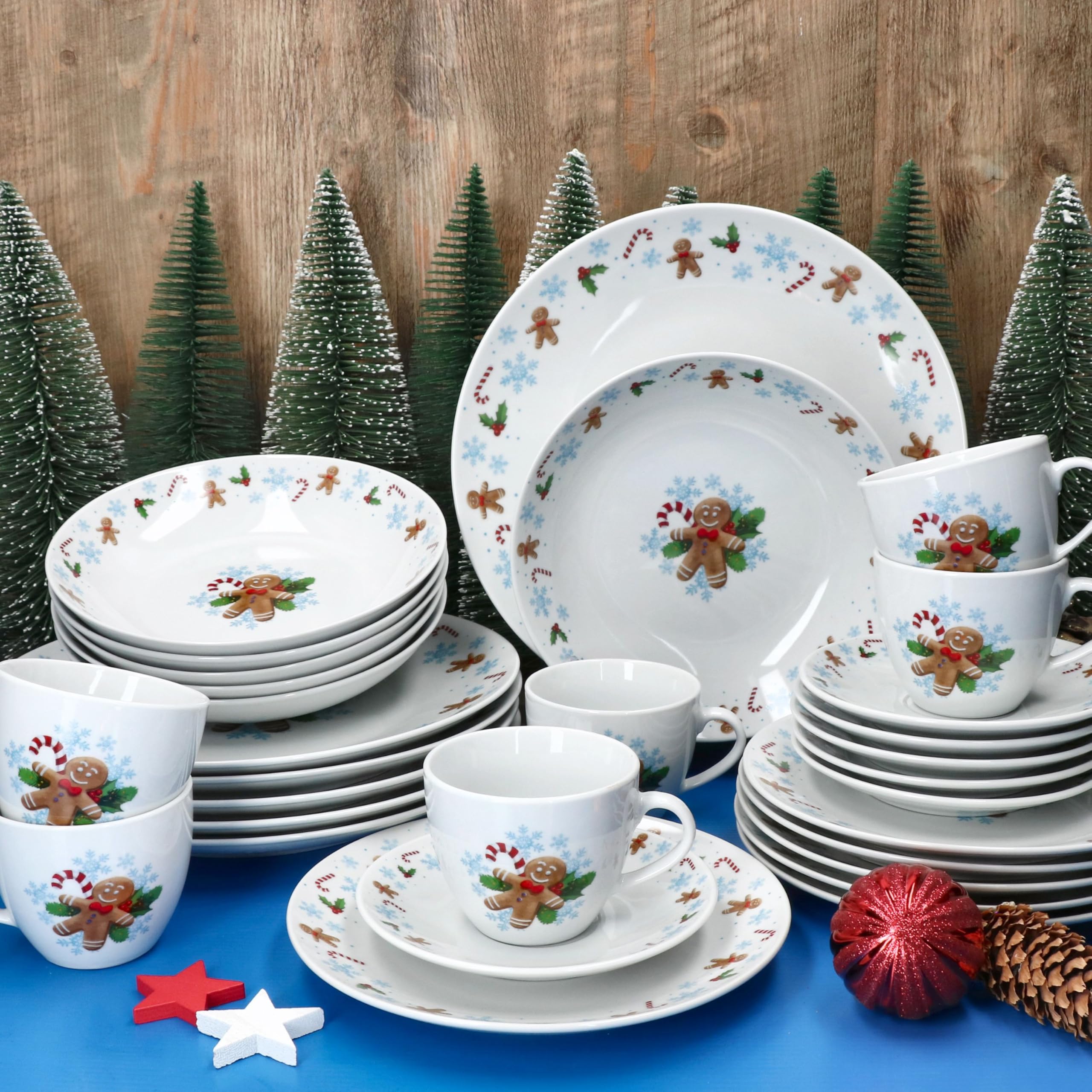 MamboCat Candyman 30tlg Kombiservice I Porzellan-Geschirrset mit Weihnachtsdekor für 6 Personen I Je 6x Speiseteller, Suppenteller, Kuchenteller, Tassen & Untertassen