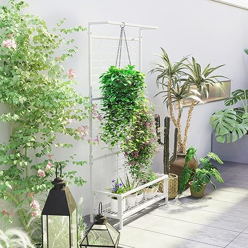 Miniatura 6 de Outsunny Soporte alto para plantas con enrejado y barra para colgar, soporte de metal para plantas trepadoras, flores, uso en interiores y