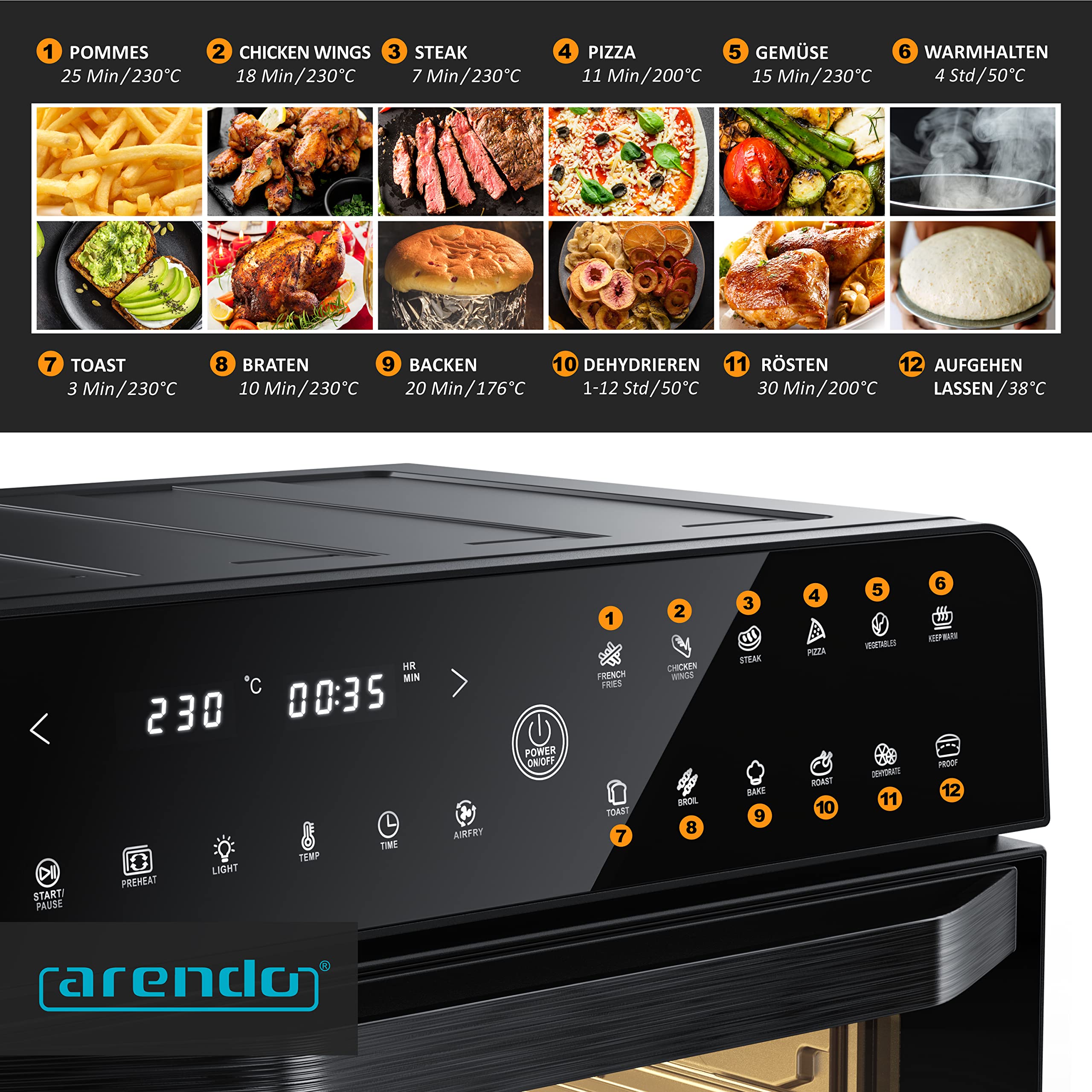 Arendo - Heißluftfritteuse 25 Liter Edelstahl - Multifunktionsofen - mini Backofen - Aerofryer - 1800 Watt - Inkl. Backblech, Dörrblech, Ofenrost, Frittierkorb - BPA-frei